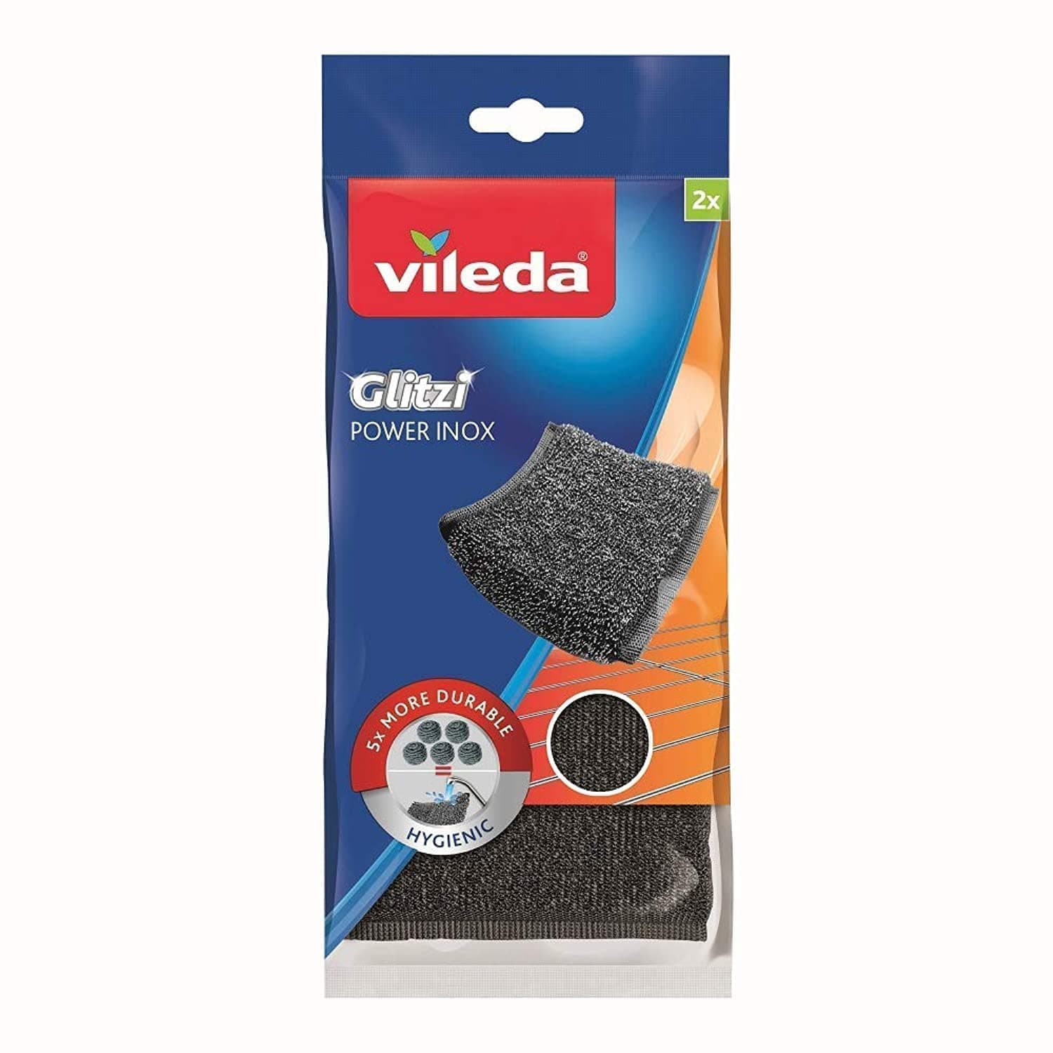 Glitzi Power Inox Metallic scouring pad 2pcs, Hardwearing Fabric, Hygienic, Efficient (2 Pcs Per Pack)