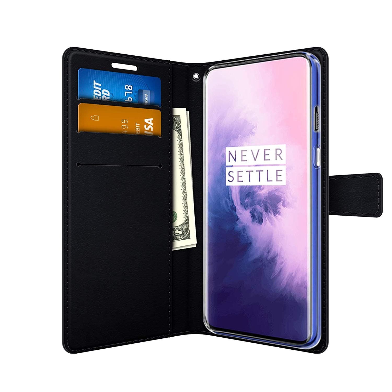 FOSO(™) PU Leather Wallet Flip Back Cover Case for OnePlus 7 Pro / 1+7 Pro (PU Leather Black)