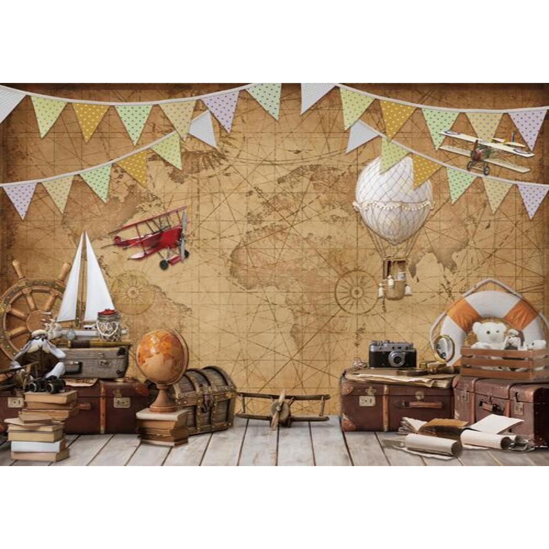 7x5ft Fabric Around World Map Photography Backdrop Adventure Airplane Hot Air Balloon Vintage Background Travel Theme Little Aviator Kid Boy Birthday Party Decor Baby Shower Photo Shoot1