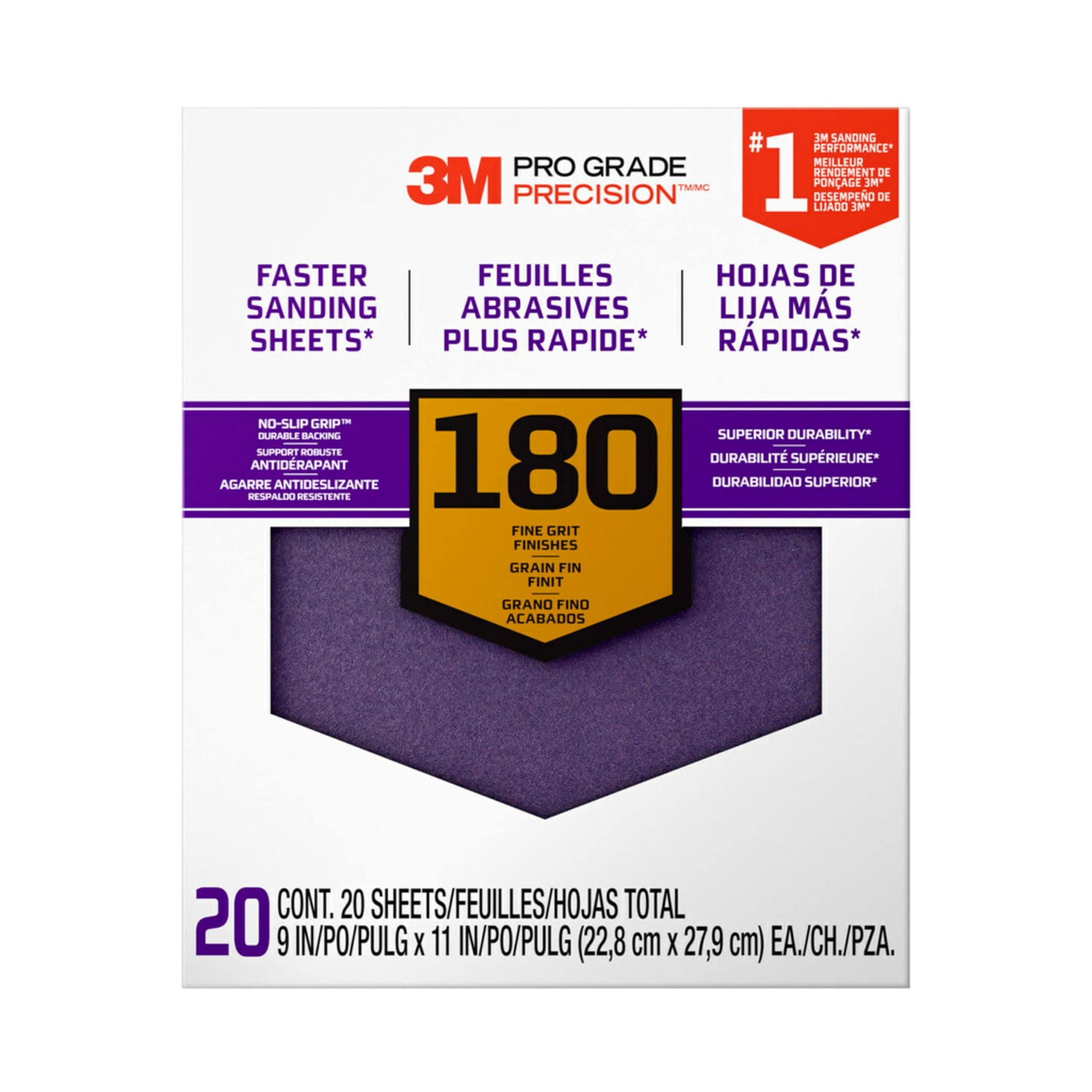 3M 26180CP-P-G 180 Grit Pro Grade No-Slip Grip Advanced Sandpaper (20 Pack), 9 x 11", Purple