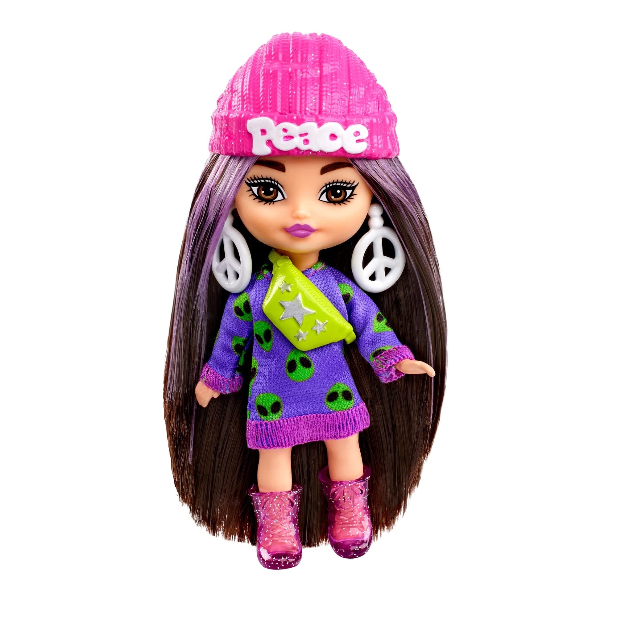 Extra Mini Minis Doll with Brunette Hair, Alien Sweater Dress & Peace Sign-Themed Accessories & Stand, 3.25-inch
