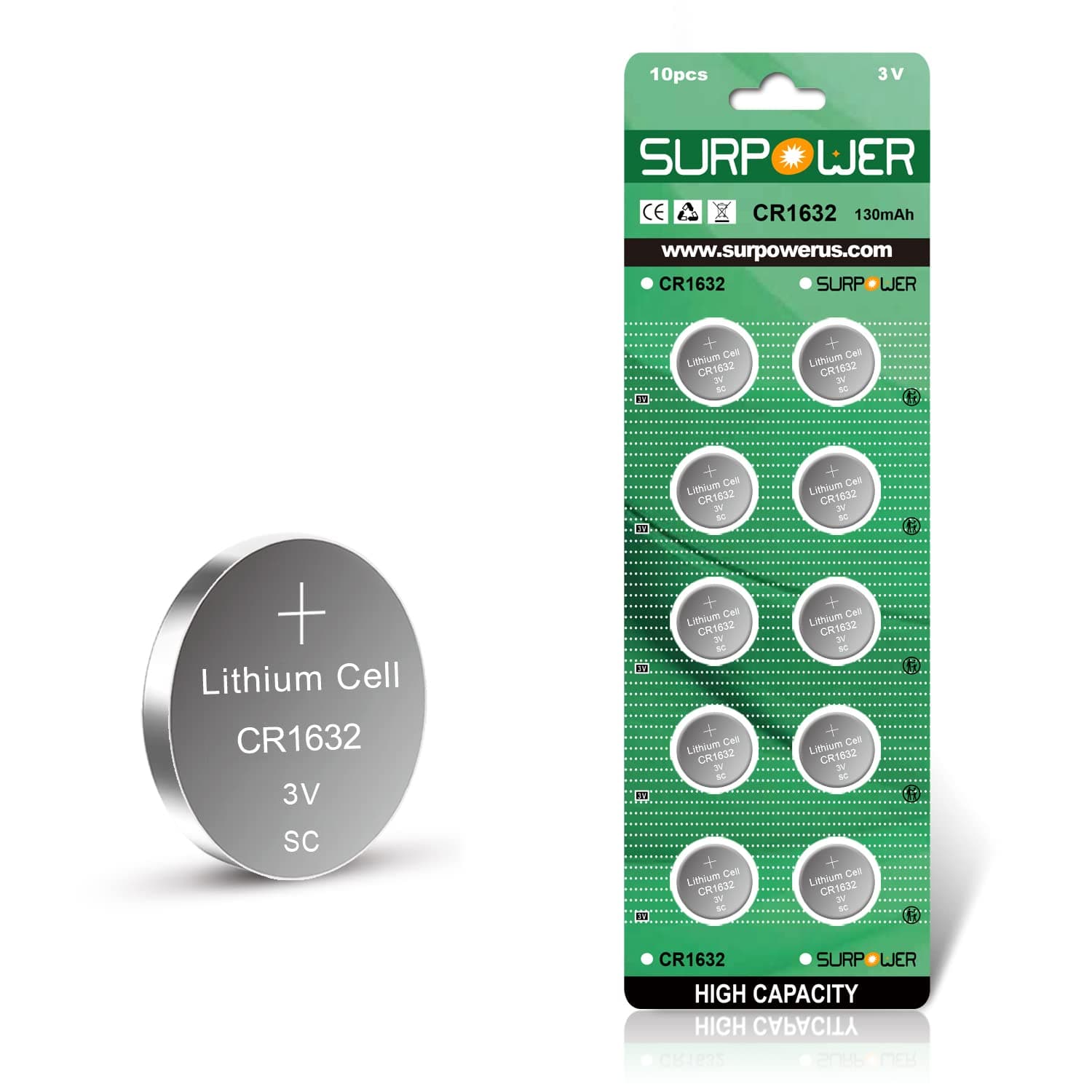 【5-Year Warranty】SURPOWER CR1632 3V Lithium Battery for Vivofit Jr Replacement CR 1632 Batteries -10 Pack