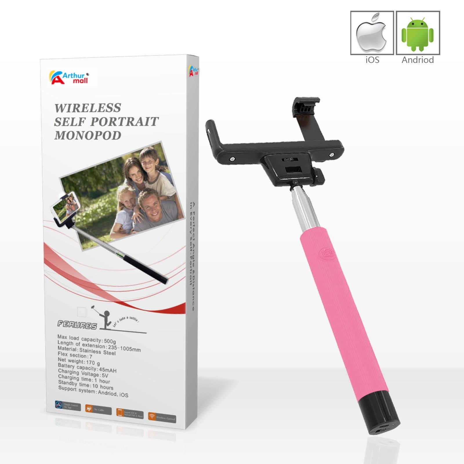 2015 Selfie Stick Arthur Mall PINK Ultimate Pro 3-In-1 Self-portrait Monopod Extendable Wireless Bluetooth Selfie Stick with built-in Bluetooth Remote Shutter and TWO (2) Universal Adjustable Phone Holders for iPhone 6, iPhone 6 Plus, iPhone 5 5s 5c, Android