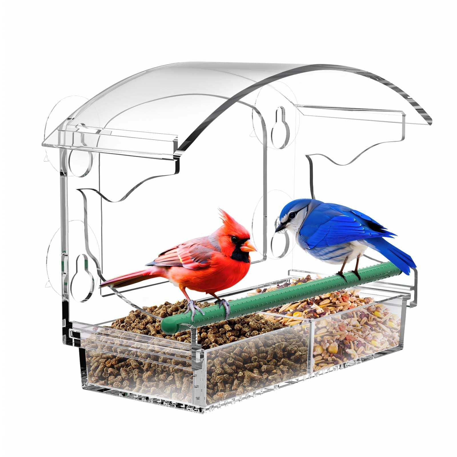 Clear Acrylic Window Bird Feeder for Outside with 4 Strong Suction Cups and Detachable Seed Tray, Highly Transparent Outdoor Viewing Birdfeeder, Wild Bird House Box