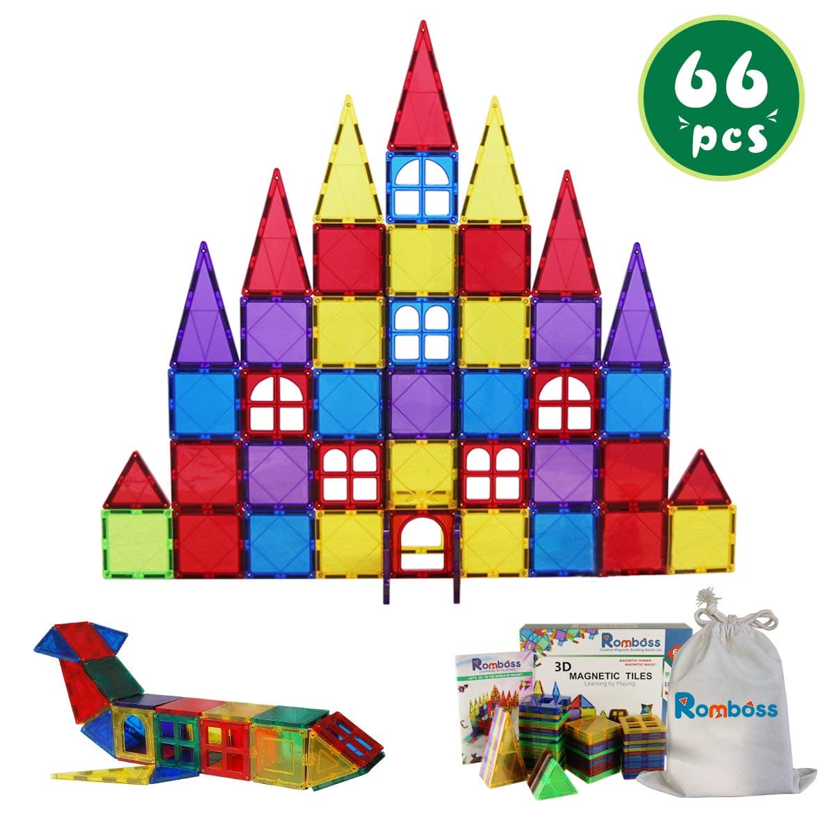 Romboss 68Pcs Magnetic Tiles Set Includes 2 Toy People-Stem 3D Magnets Building Blocks Preschool Educational Construction Toys For Toddler&Kids