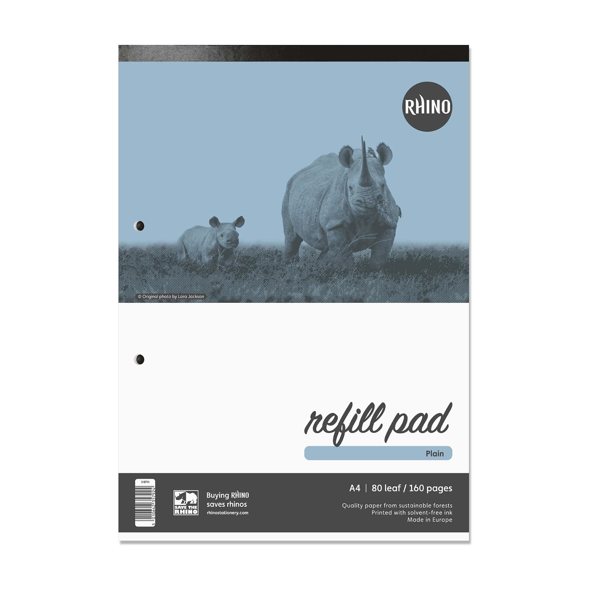 RhinoA4 Refill Pad, Writing Pad, 160 Page/Plain Paper Notepad, 1 Pack, White Hole Punched Top Binding Writing Paper, Office & School Stationery Supplies