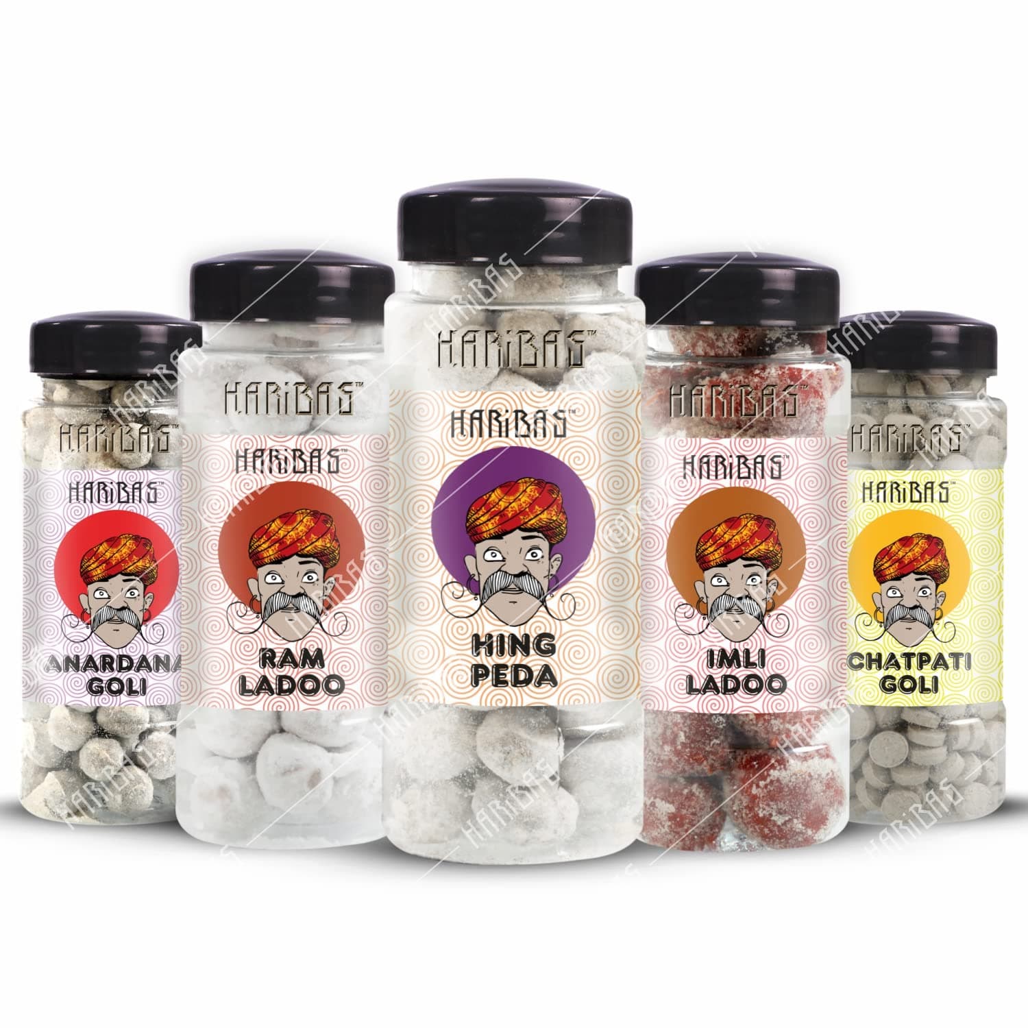 HARIBAS Combo Anardana Goli, Ram Ladoo, Hing Peda, Imli Ladoo And Chatpati Goli 180Gm - Each Pack Of 5