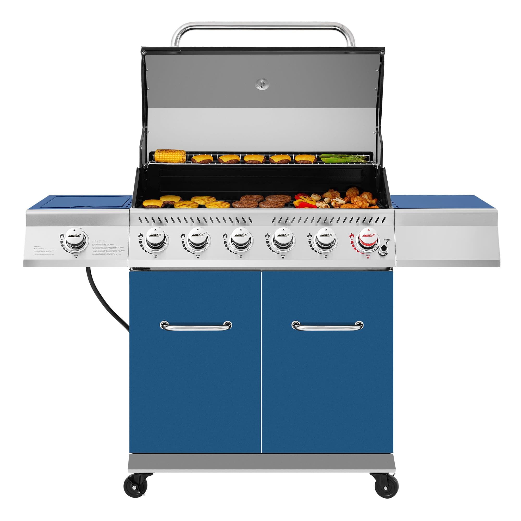 GA6402B 6 Burner Propane Gas Grill with Side Burner and Warming Rack, 74,000 BTUs, Cabinet Style Gas BBQ Grill for Barbecue Grilling & Backyard Cooking, Blue