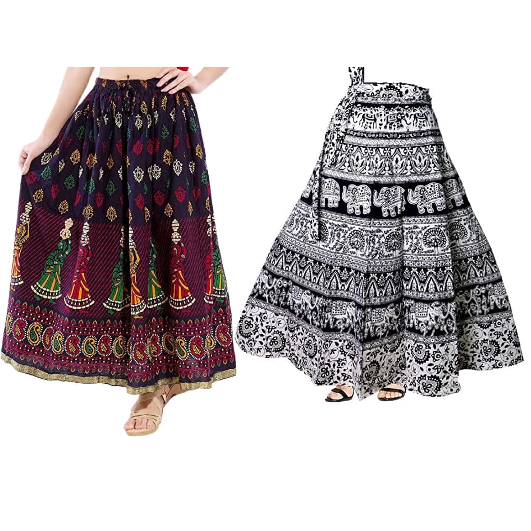 Modern Kart Women's Combo Jaipuri Sanganeri Print, Rajasthani Jaipuri Women Long Mandala Hand Block Fashion Skirt