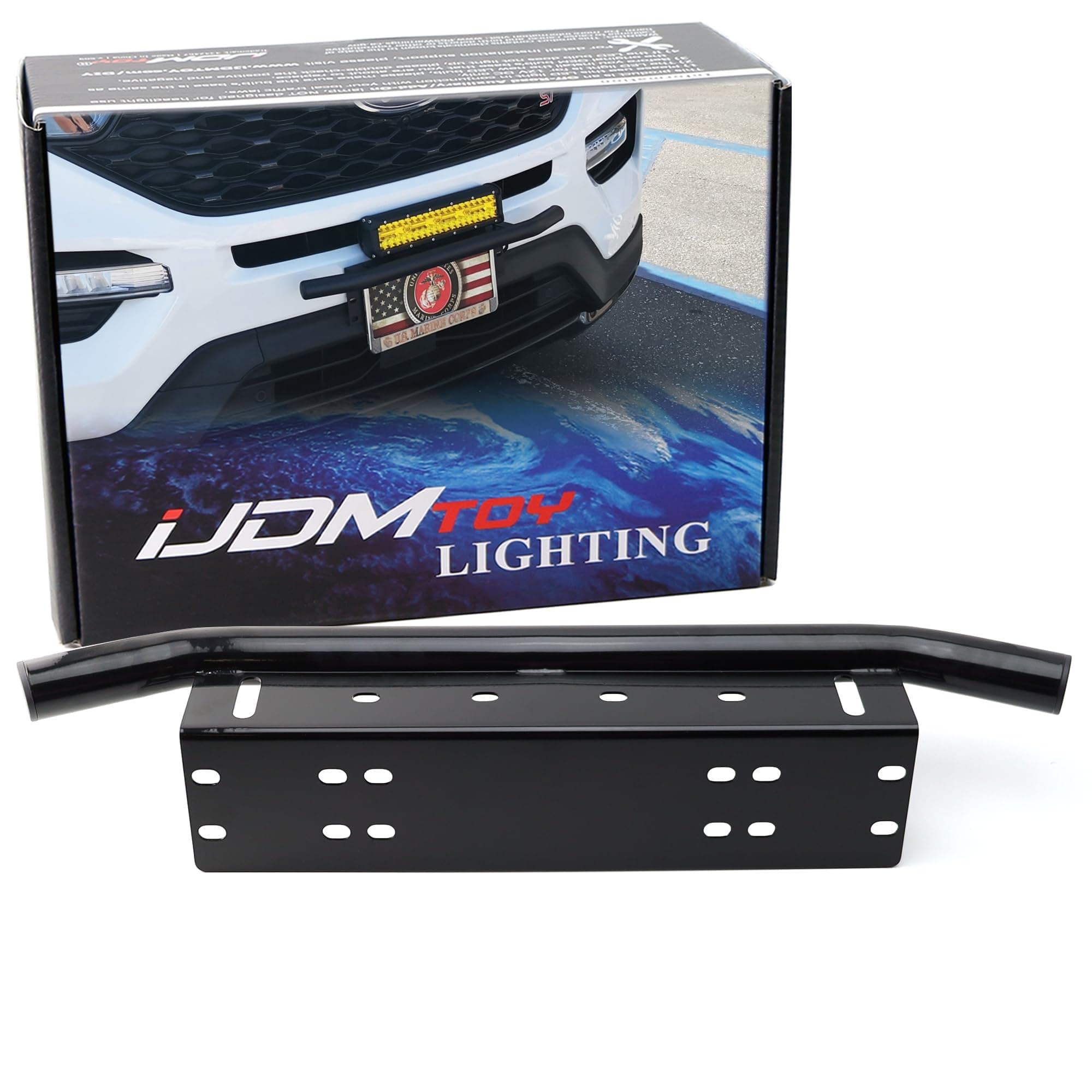 Ijdmtoy Aa3117 Universal Fit Bull Bar Style Black Painted Stainless Steel Front Bumper License Plate Mount Bracket Holder Compatible With Off-Road Lights, Led Work Lamps, Led Lighting Bar