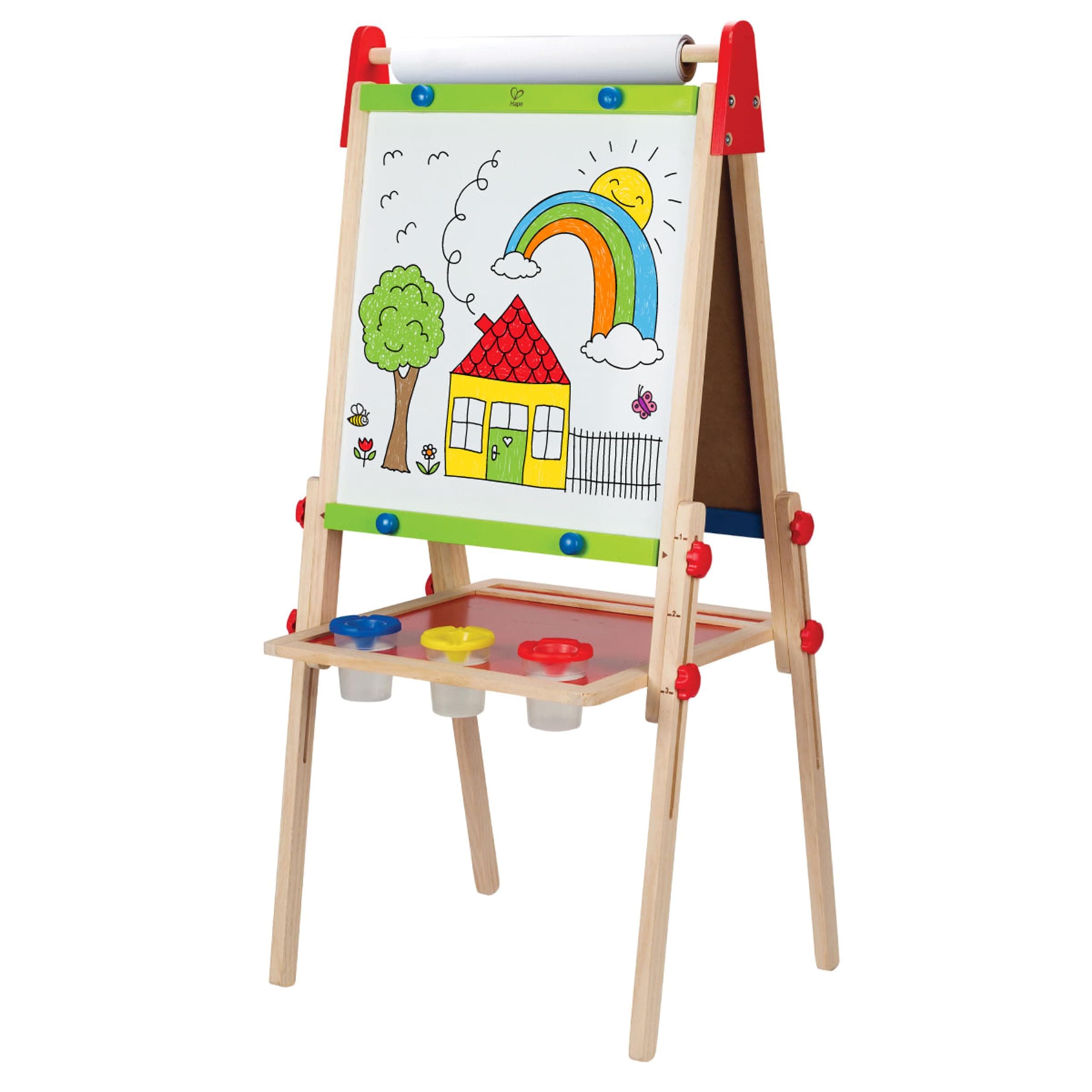 E1010 Magnetic All in 1 Kids Height Adjustable Drawing Dry-Erase Chalkboard Wooden Artist Easel with 3 Paint Pots and Refillable Paper Roll