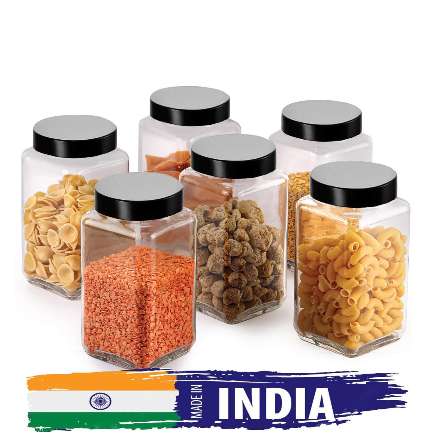 Vency Glass Cubical Square 1000ml Transparent Glass Jars & Containers for Kitchen Pantry, Snacks, Masala, Pickles, Cookies, Dry Fruits, Coffee Storage with Black Plastic Lid (1000ml, Set Of 6)