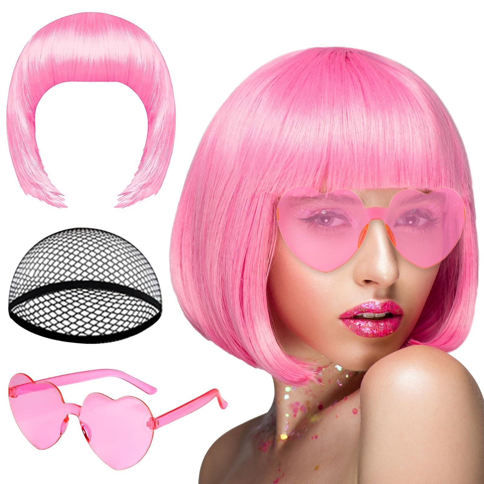 PLULON Pink Short Bob Wig and Sunglass Set, Neon Short Bob Wig Sunglass Pack Costume Colorful Cosplay Wig Hairpieces for Bachelorette Neon Party Favors, Halloween Decorations