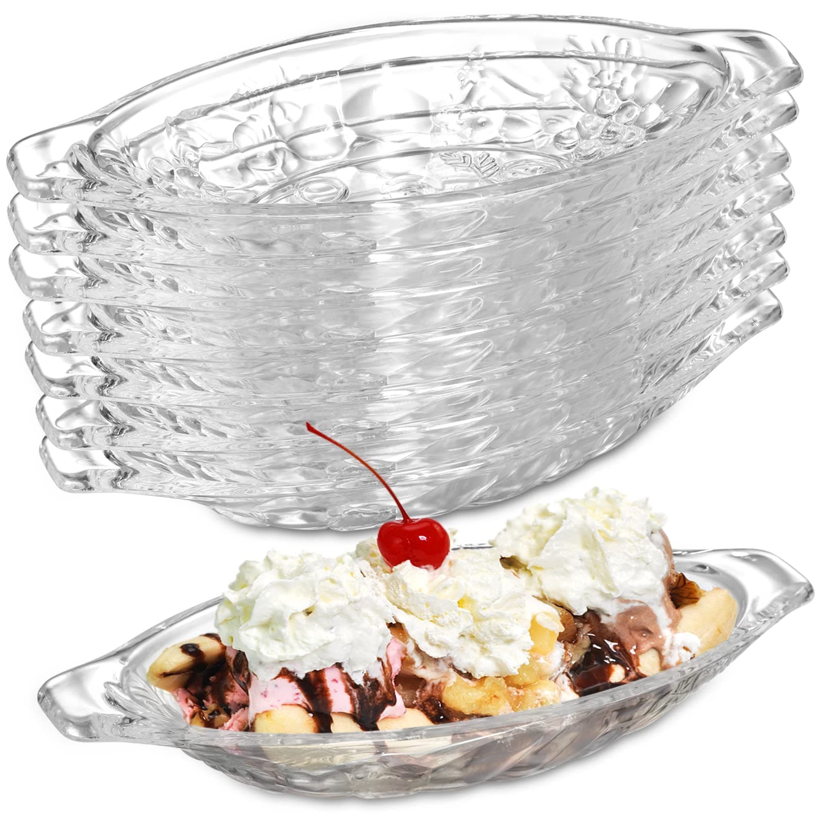 SOUJOY 8 Pack Banana Split Dish Boat, 8oz Acrylic Ice Cream Splits Plate, Clear Sundae Serving Bowl for Banana Split, Ice Cream, Fruits, Yogurt, Brownies, Snack