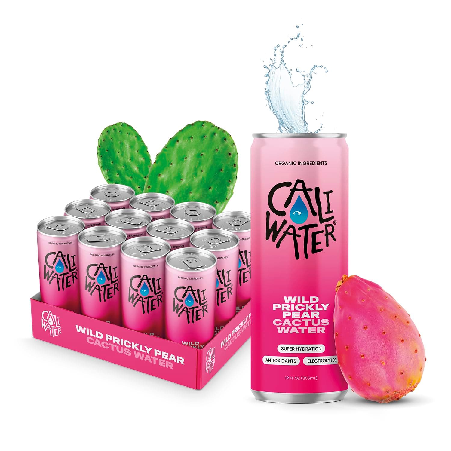 CALIWATER Organic Cactus Water 12 Pack (Wild Prickly Pear) Coconut Water Alternative - 5 Electrolytes, 6g of Sugar, 30 Calories - Natural Plant Based Hydration - Skin Care Benefits, Non GMO - 12 fl oz