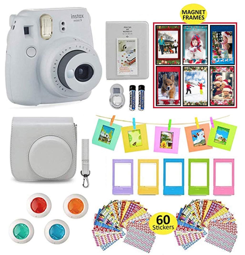 Fujifilm Instax Mini 9 Instant Camera with Accessories | Bundle of Soft Leather Case + Mini Photo Album + 6 Magnet Frames + 4 Colored Lenses + Selfie Lens + 10 Photo Frames + Stickers + More