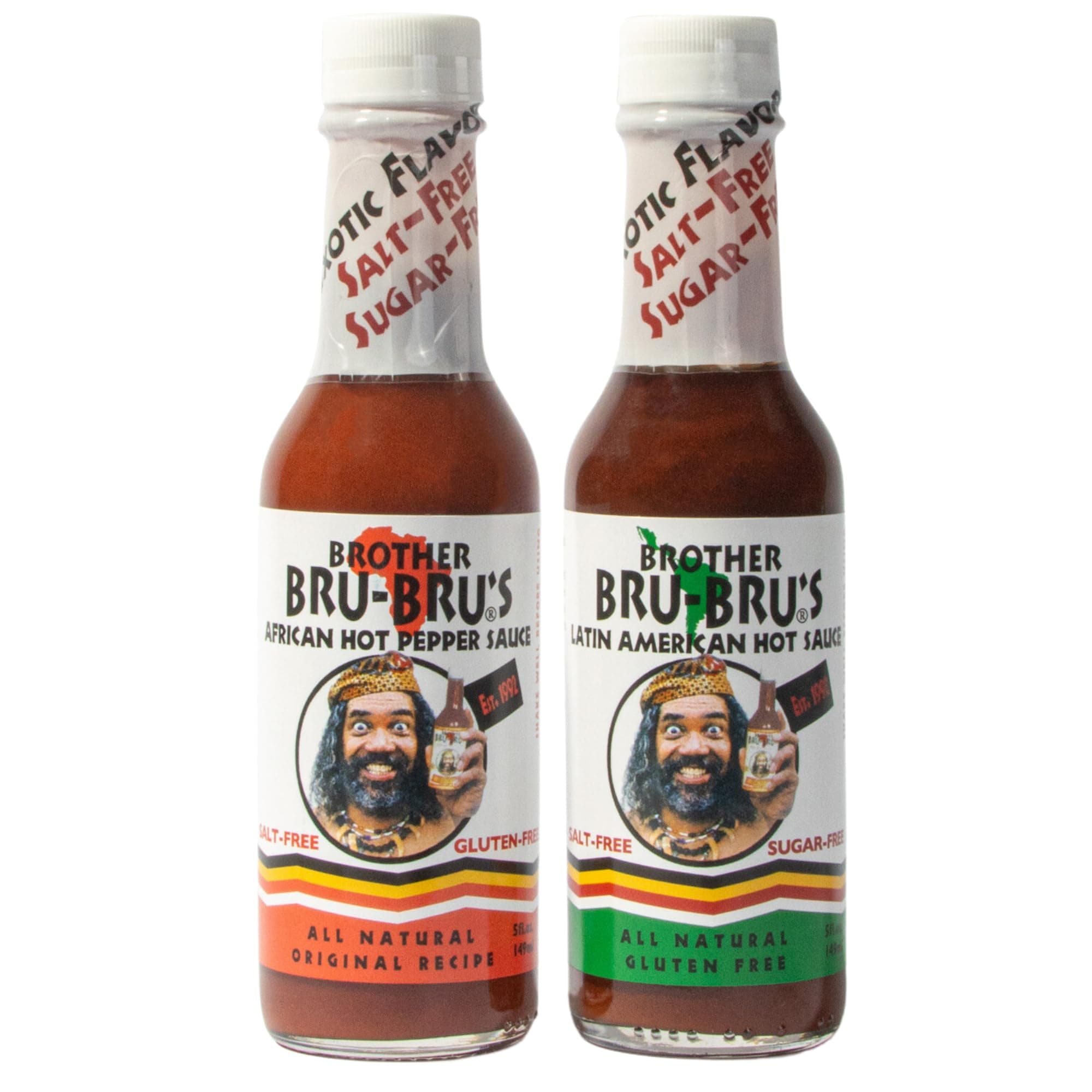 Brother Bru-Bru’s Hot Sauce African & Latin Combo – No Sodium, Salt Free, Sugar Free, Gluten Free, Vegan – African Hot Pepper Habanero Sauce, Latin Chili Seasoning & Spices – 5 oz (Pack of 2)