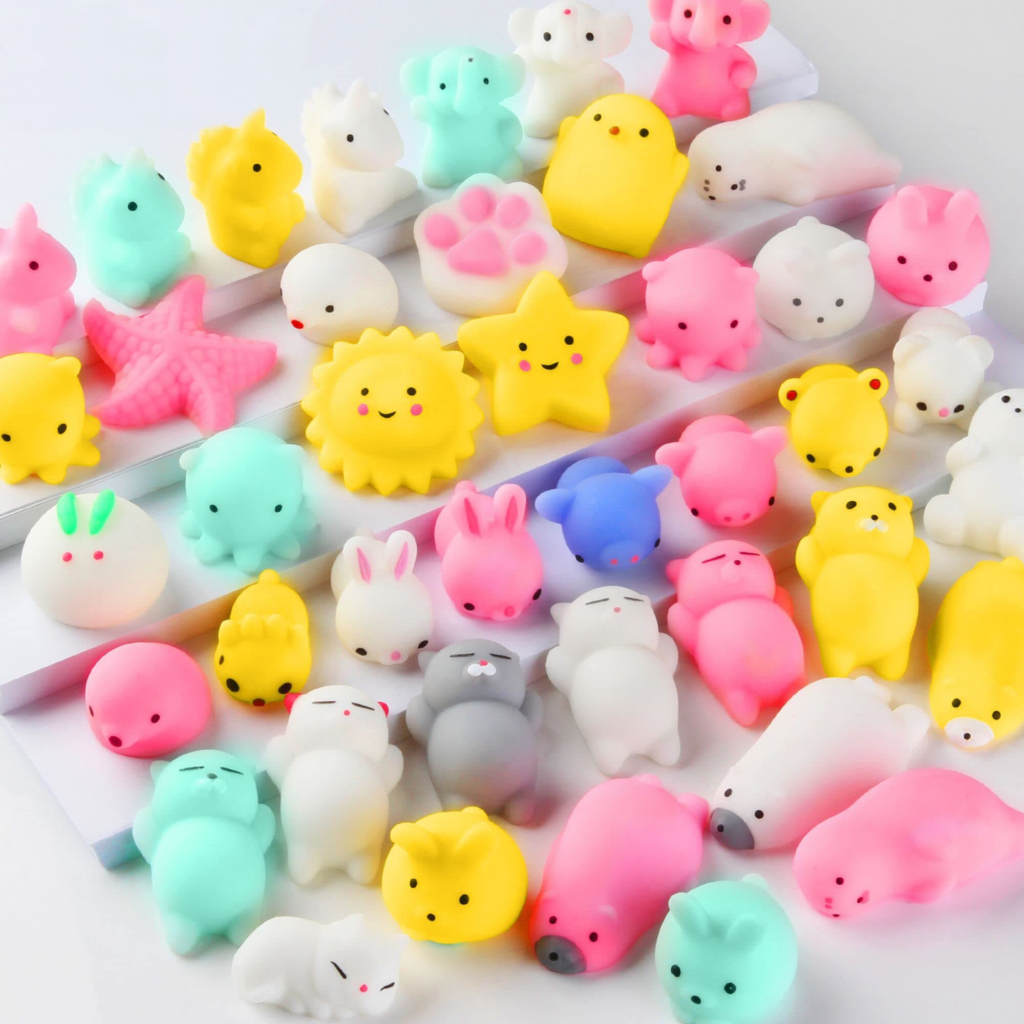 Squishy Toys Party Favors for Kids - Squishys 42 Pack Mini Mochi Squishies, Pinata Filler Treasure Box Prizes Classroom Unicorn Cat Stress Reliever Pug Stuffed Animal Silicon Panda Plushies