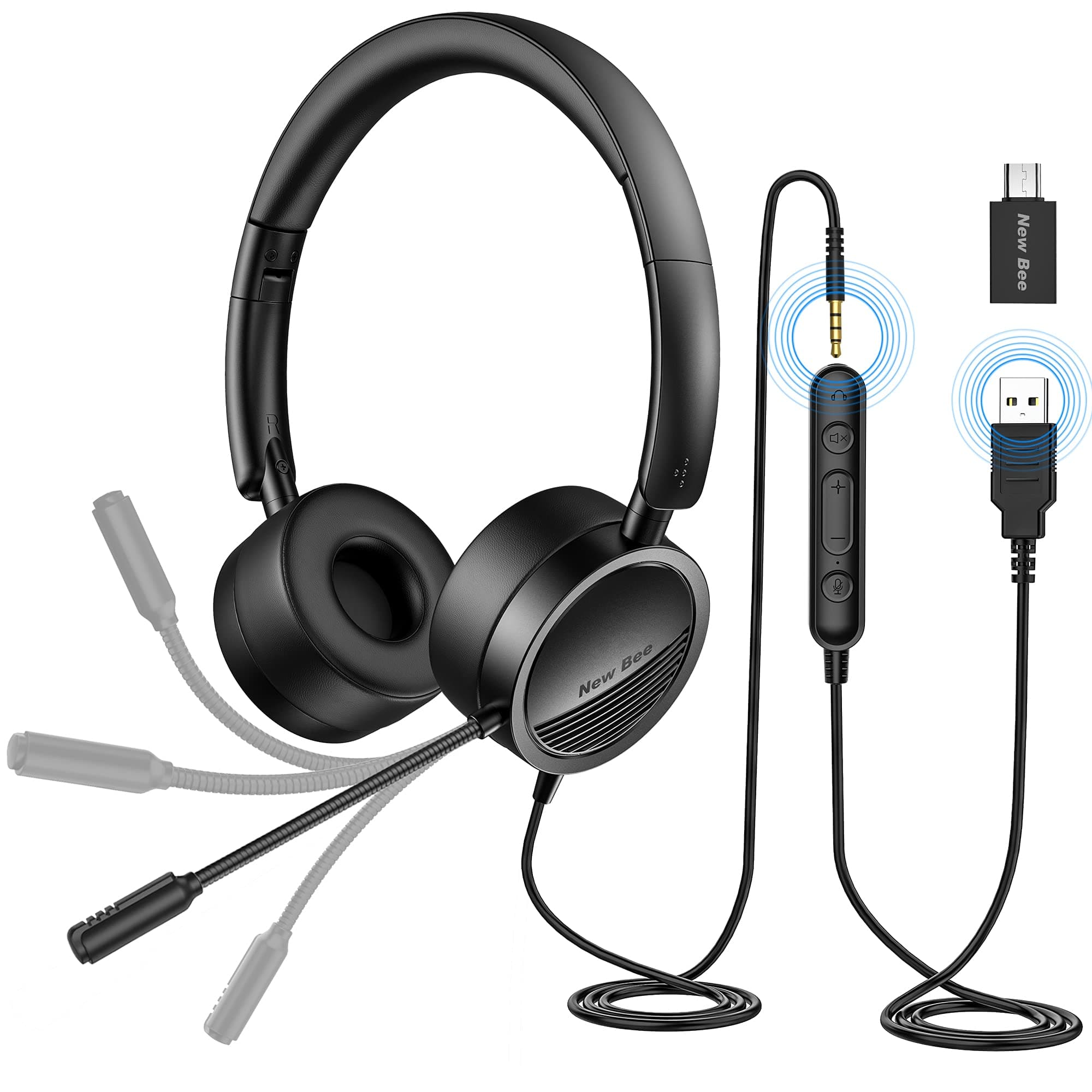 – New Bee PC Headset with Microphone USB/3.5mm Business Headset Clear Stereo Sound for Call Center Office Conference Calls Skype Chat Webinar Presentations Online Courses