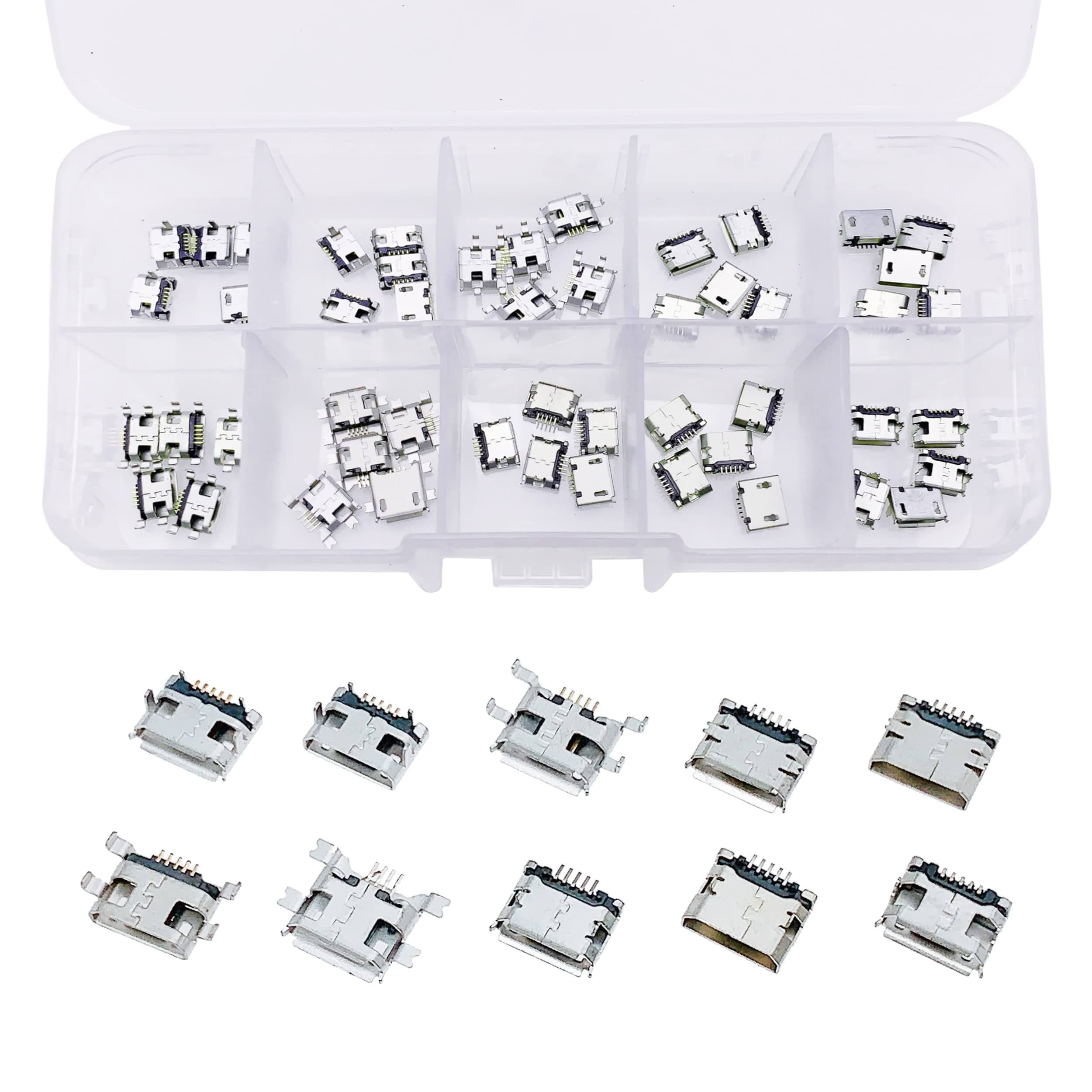 50 Pcs 10 Models Micro USB Female Sockets Connector, 5-Pin Jack Socket Connector Set for Phone, Soldering Repair USB Replacement Adapter