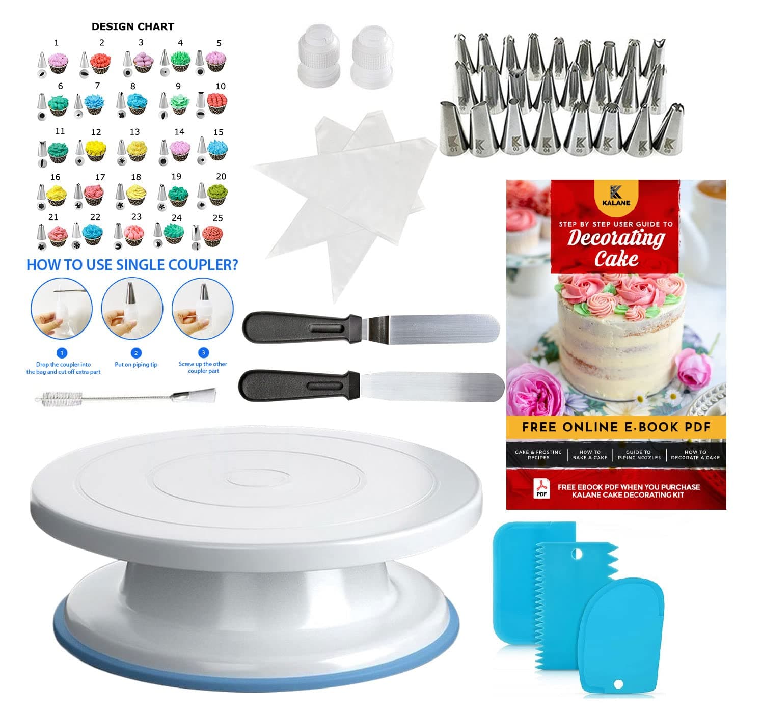 Kalane Cake Decorating Equipment for Beginners with Rotating Turntable(64pcs) - 25 Numbered Easy to use Icing Tips with Pattern Chart - 30 Icing bags with Straight and Angled Spatula - 3 Cake Scrapers
