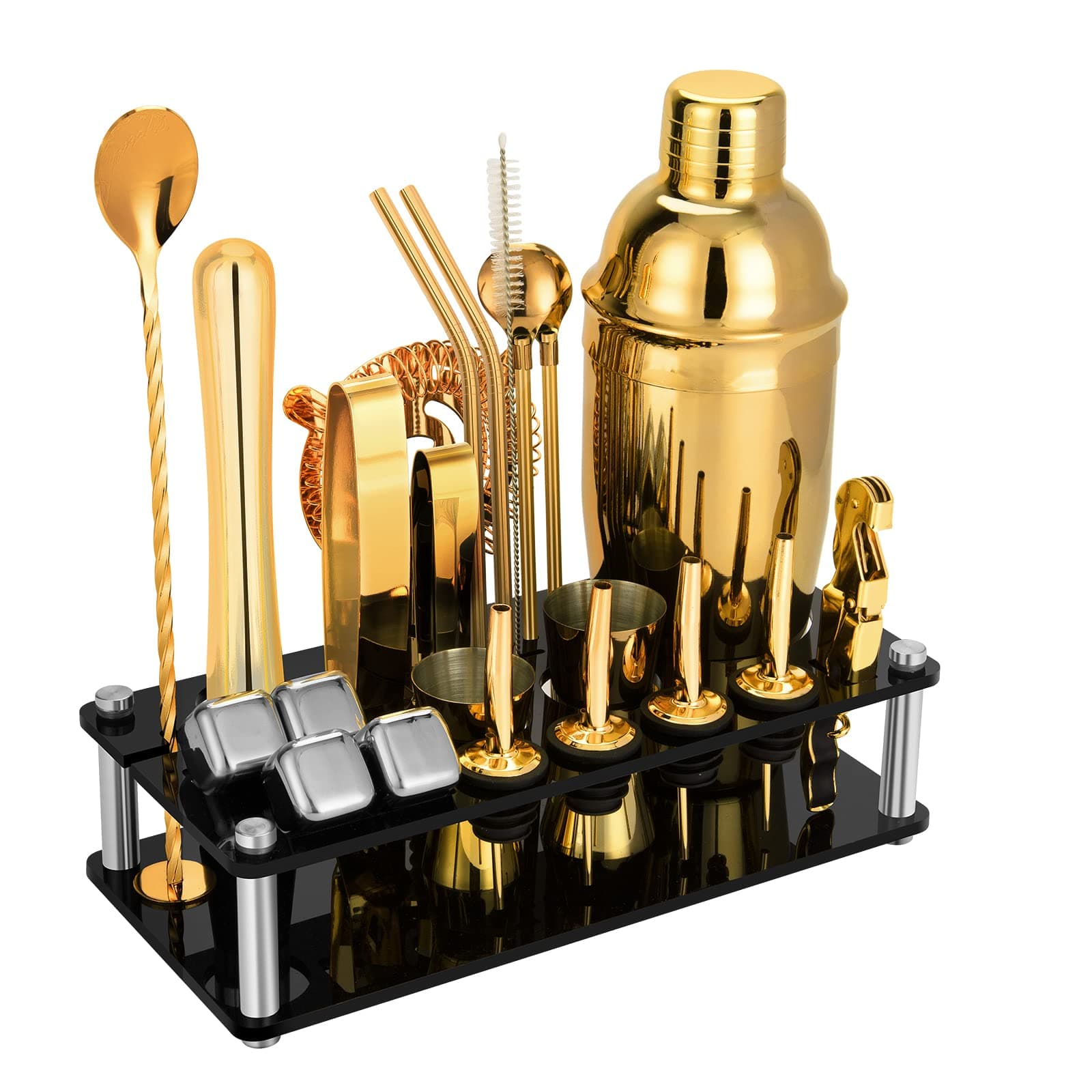 KinGrow 23 Piece Cocktail Shaker Set Bartender Kit with Acrylic Stand & Cocktail Recipes Booklet, Professional Bar Tools for Drink Mixing, Home, Bar, Party (Include 4 Whiskey Stones) - Gold