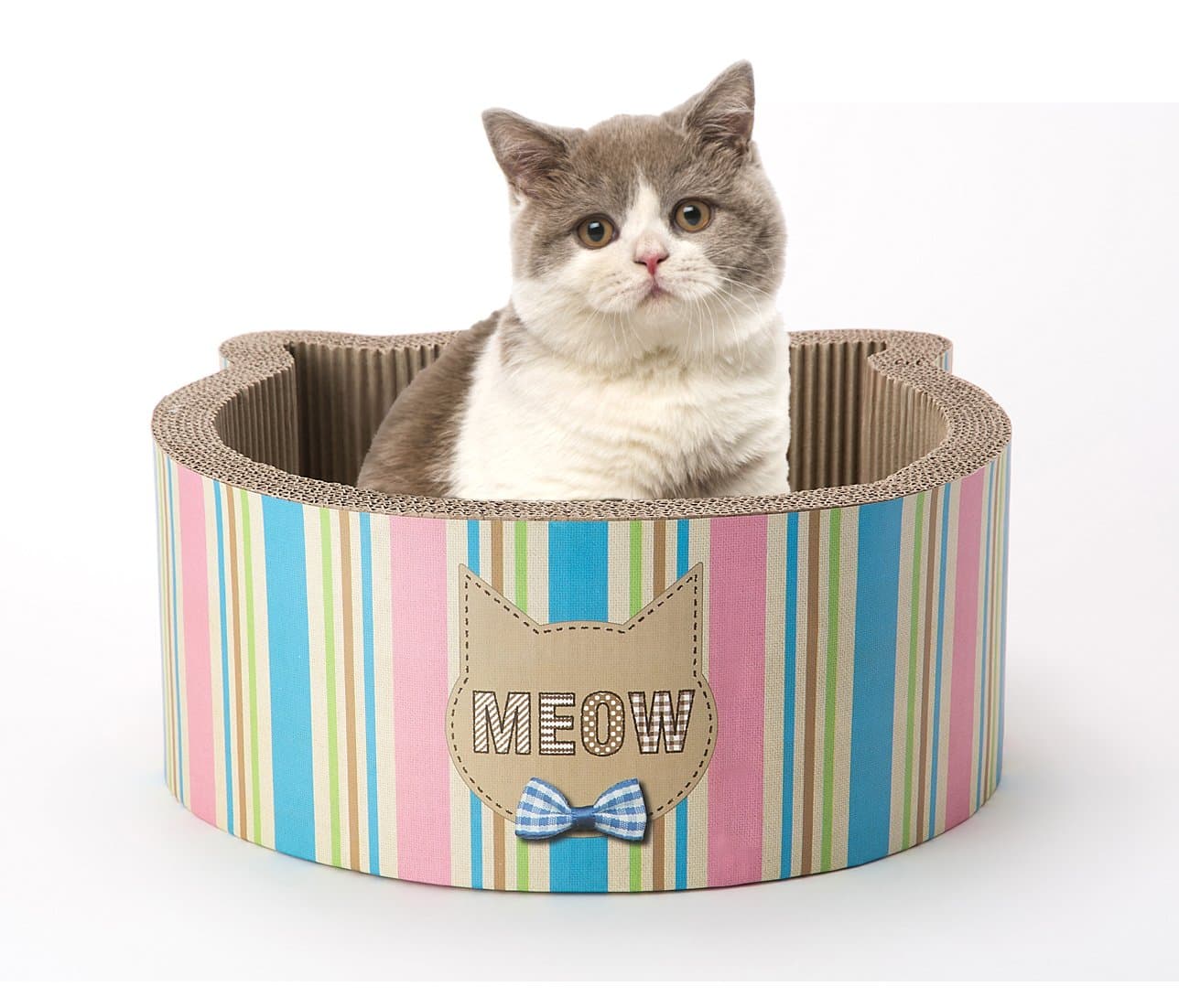 Cat1st Cat-Headed Round Cardboard Scratcher Cuddler Bed(Stripe)