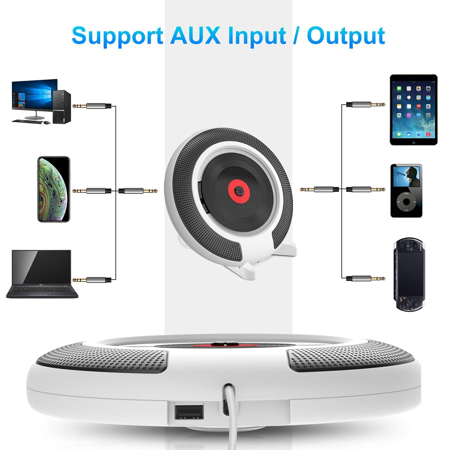 Desk/ Wall Mountable CD Player Portable with Bluetooth Built-in HiFi Speakers