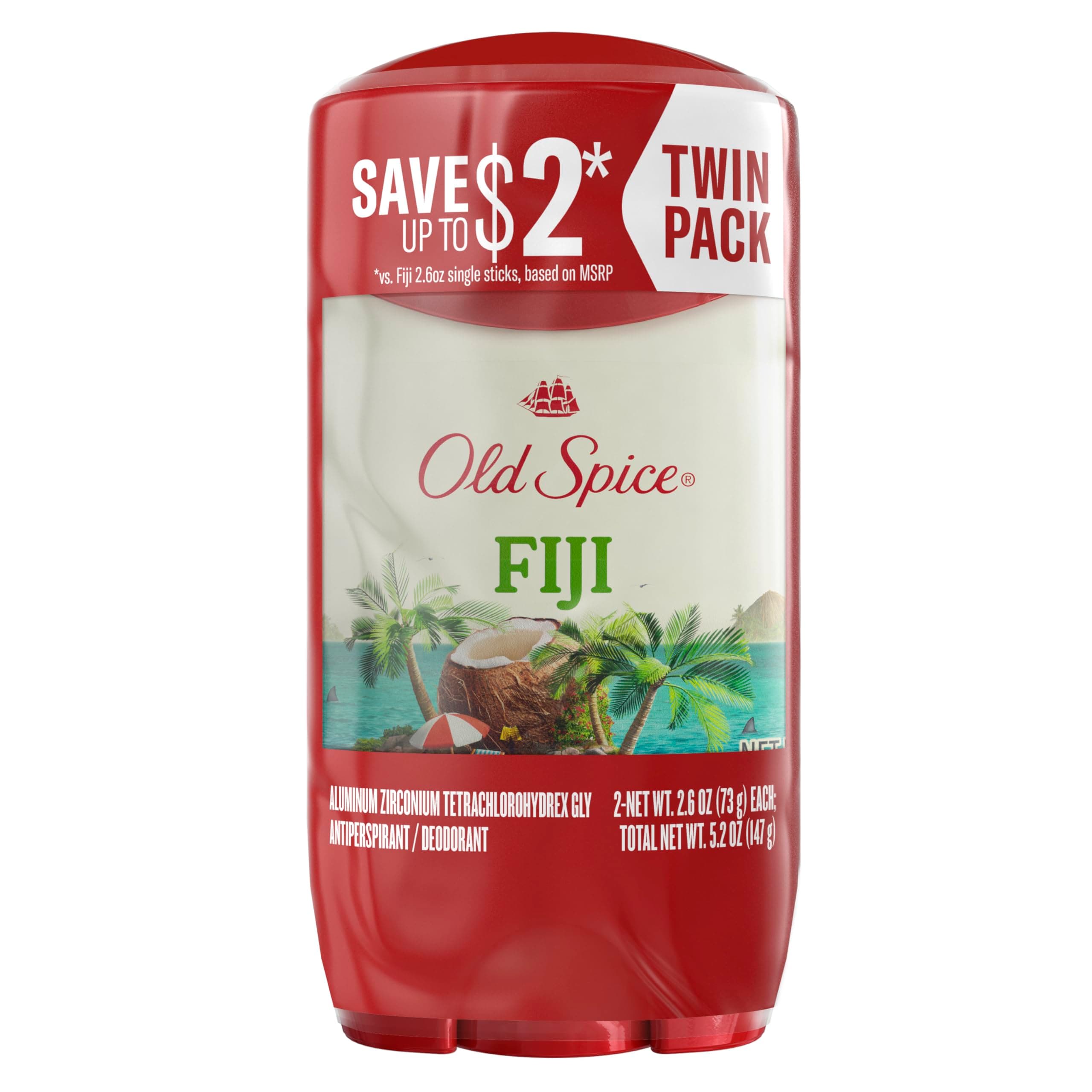 Dry Feel Antiperspirant Deodorant for Men, 24/7 Freshness, 24/7 Sweat & Odor Protection, Gentle on Skin with Skin Conditioners, Fiji with Palm Tree + Coconut Scent, 2.6 oz (Pack of 2)