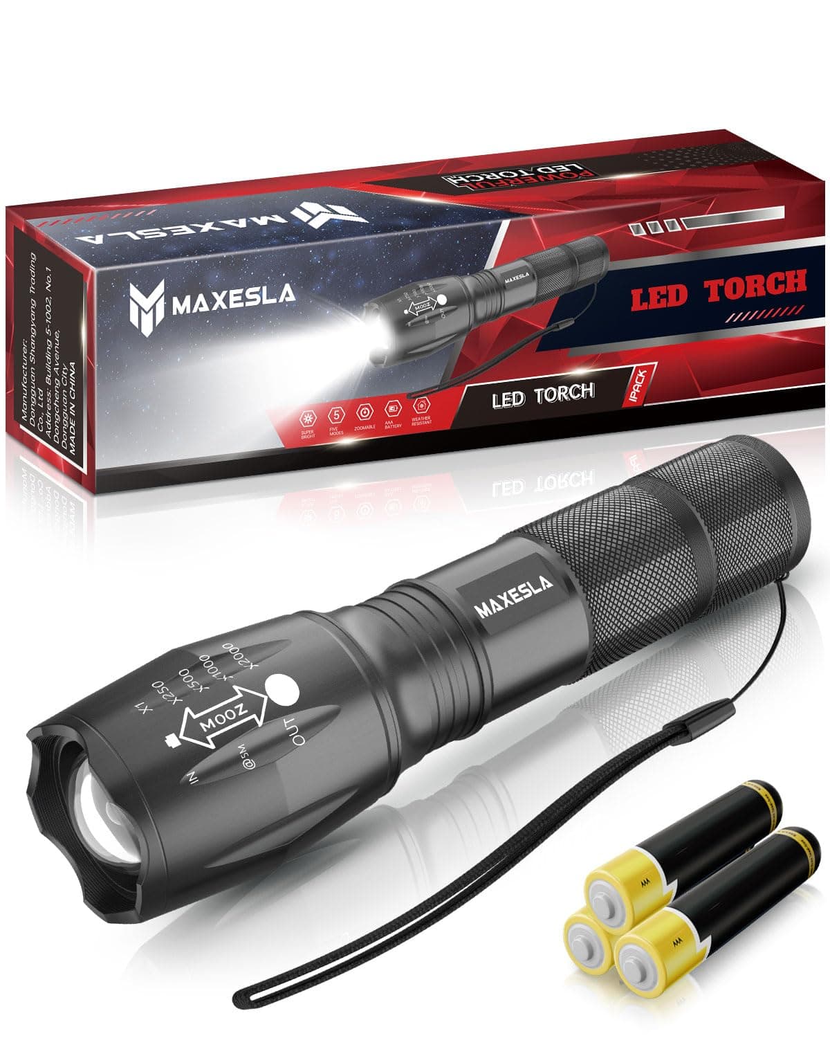 Maxesla LED Torch Battery Powered,Zoomable Torches Led Super Bright,Gifts for Men Dad Kids,Powerful Torches Water,Resistant 5 Modes Small Tactical Torch for Camping Xmas