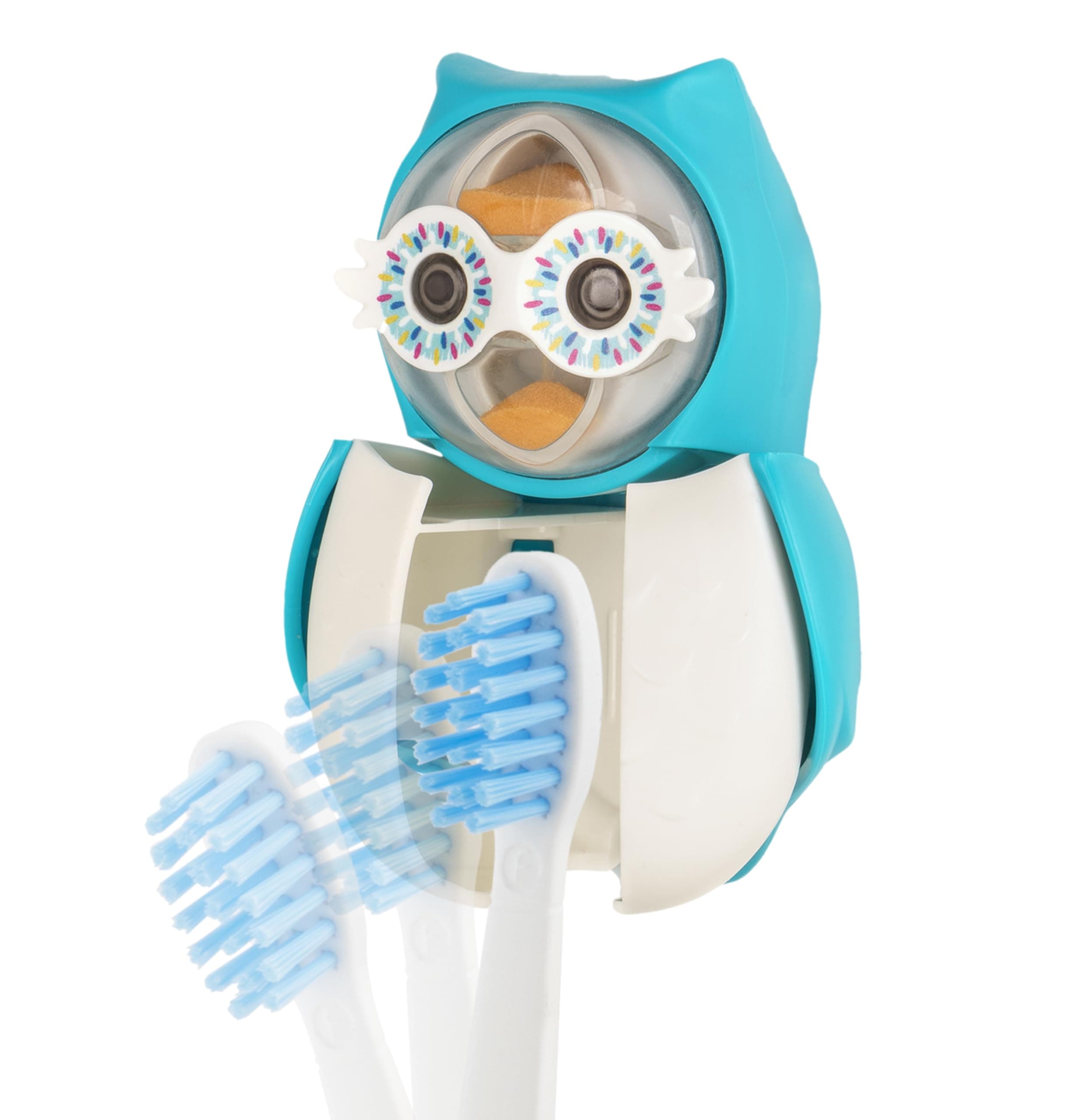 Flipper Fun Animal Owl Toothbrush Cover, One Touch Open & Close,Suction Cup Toothbrush Holder for Mirrors, Glass or Tiles, Sand Timer -1 minute timer for toothbrushing,Made in Malaysia 3Y+