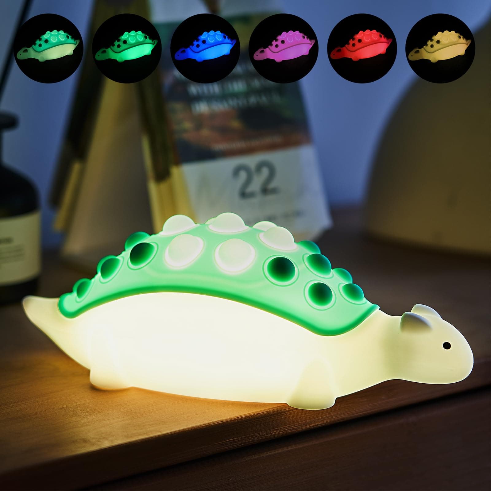 Children’S Night Lights, Silicone Dinosaur Light, Stress Relief, 7 Colors, Rechargeable, Led Timer Bedroom Touch Bedside Baby Newborn Gift, Green