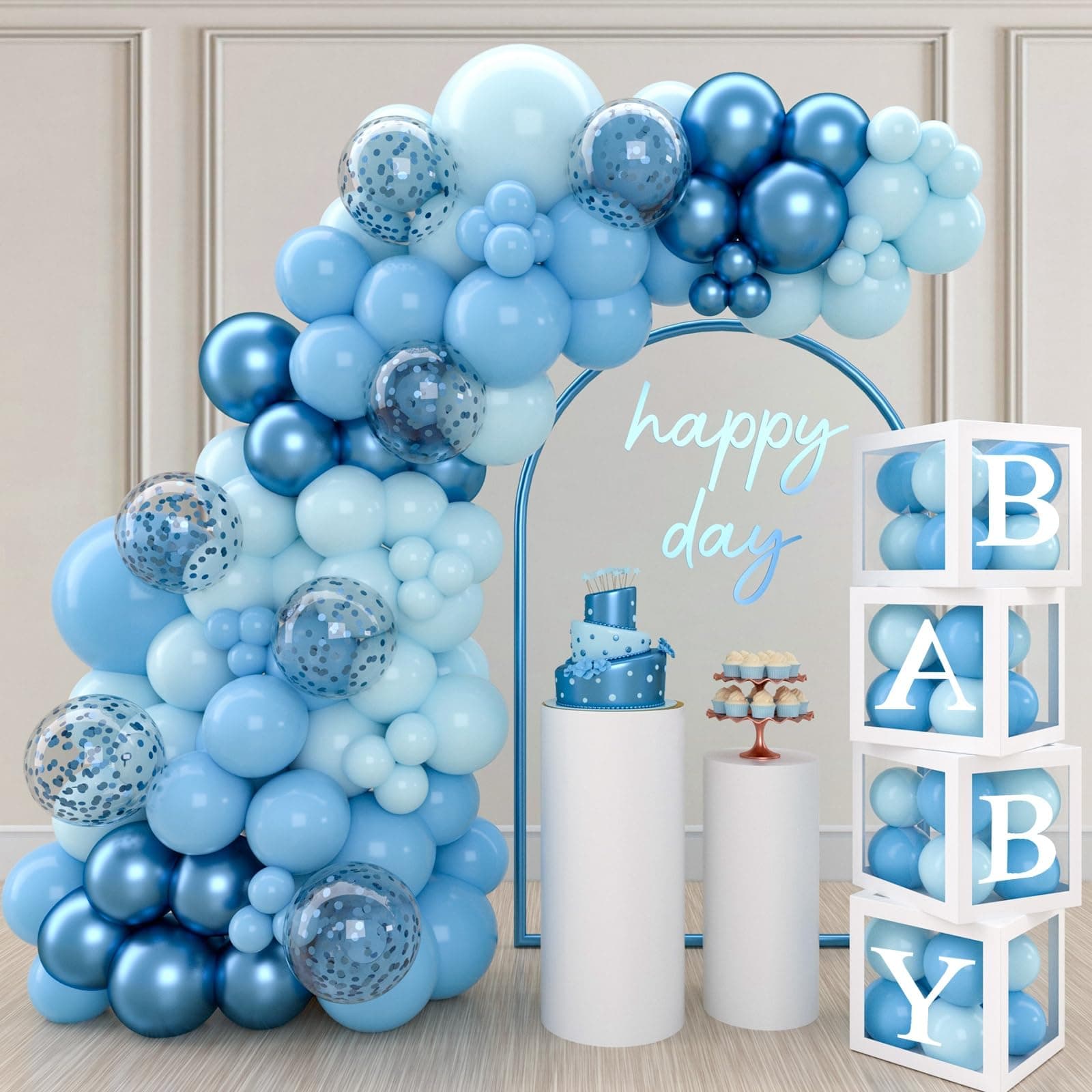 QIFU Baby Shower Decorations Boy 130pcs - 4pcs Balloon Boxes with Blue Balloons Arch Kit, Baby Boxes for Baby Shower, DIY Balloon Boxes with 27 Letters for Boys Brithday Party Decorations Christening