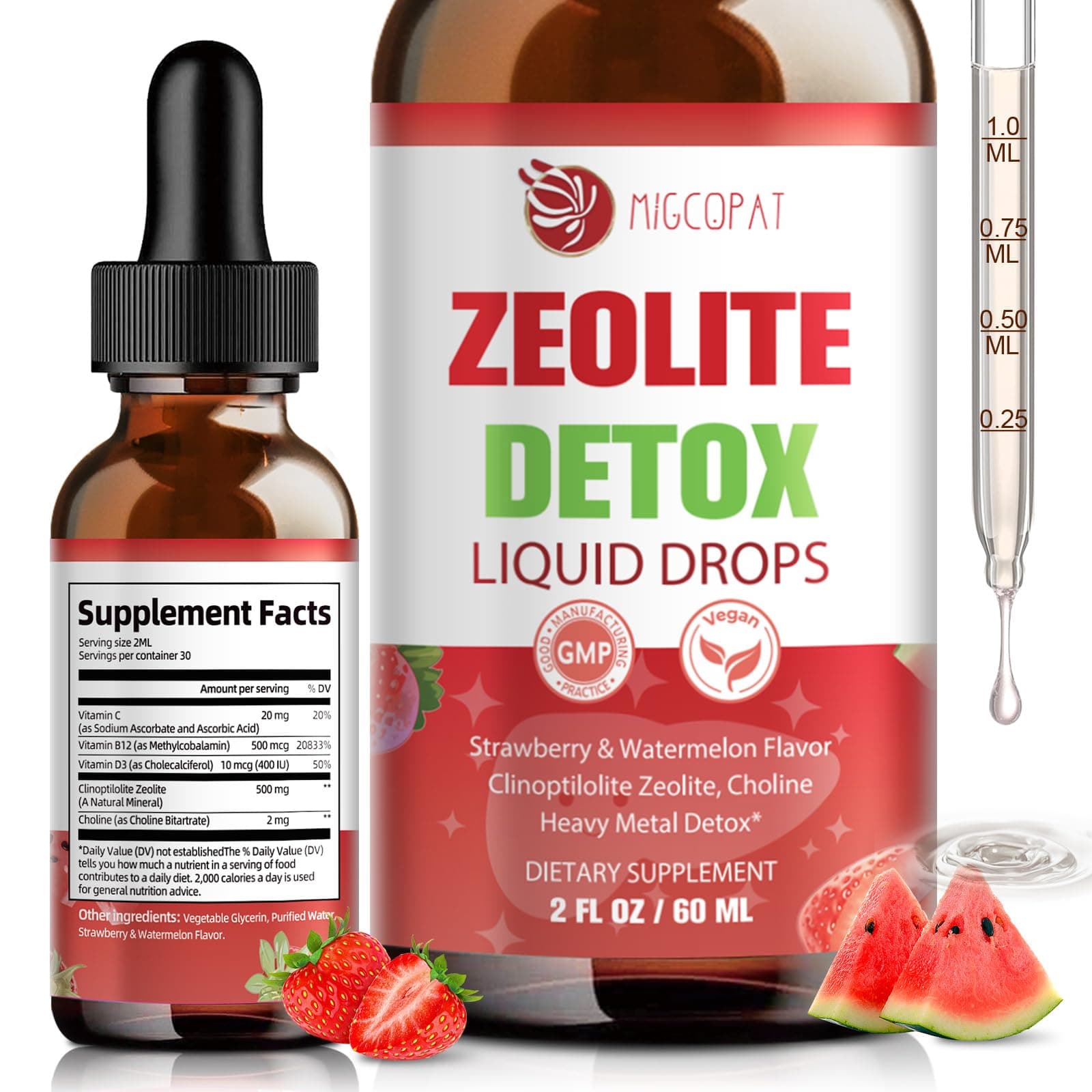 Zeolite Detox Liquid Drops with B12, D3 & Vitamin C – Pure Body Cleanse Support for Heavy Metals, Natural Zeolite Formula, Strawberry Watermelon Flavor, 60ml