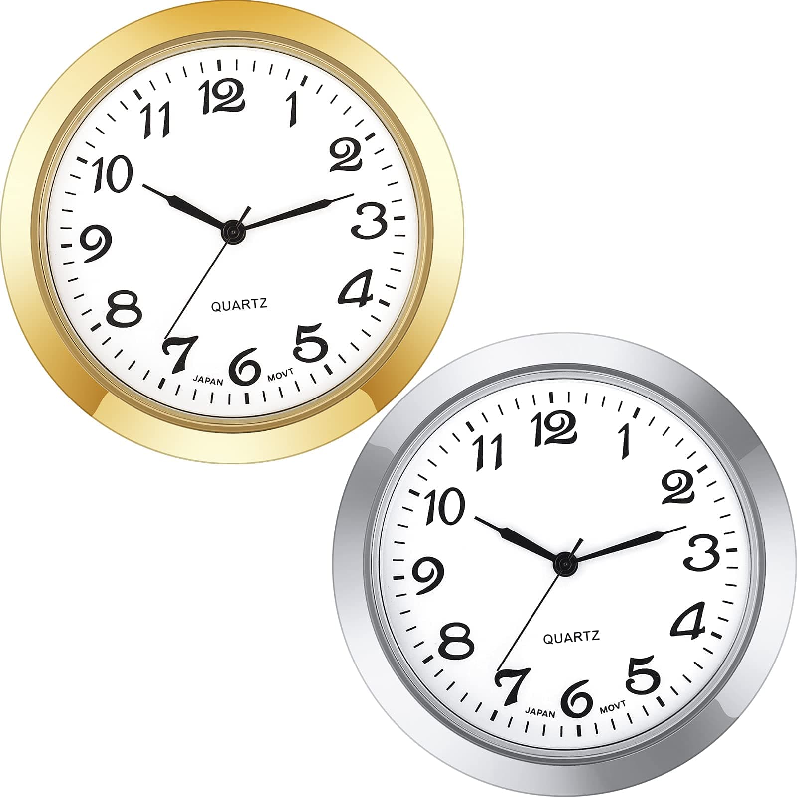 Outus 2 Pack 1-7/16 Inch Round Clock Insert Face Metal Wall Clock with Arabic Numerals Easy to Read Gold and Silver Bezel for Home Office