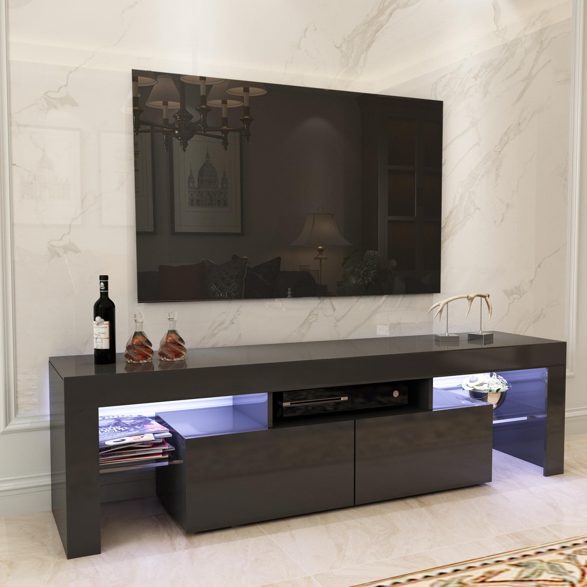 DMAITH White Modern LED TV Stand for 60/65/70 Inch TV, High Glossy Gaming Entertainment Center with 2 Large Storage Drawers, TV Media Center with Display Glass Shelves for Living Room, Bedroom, 003B