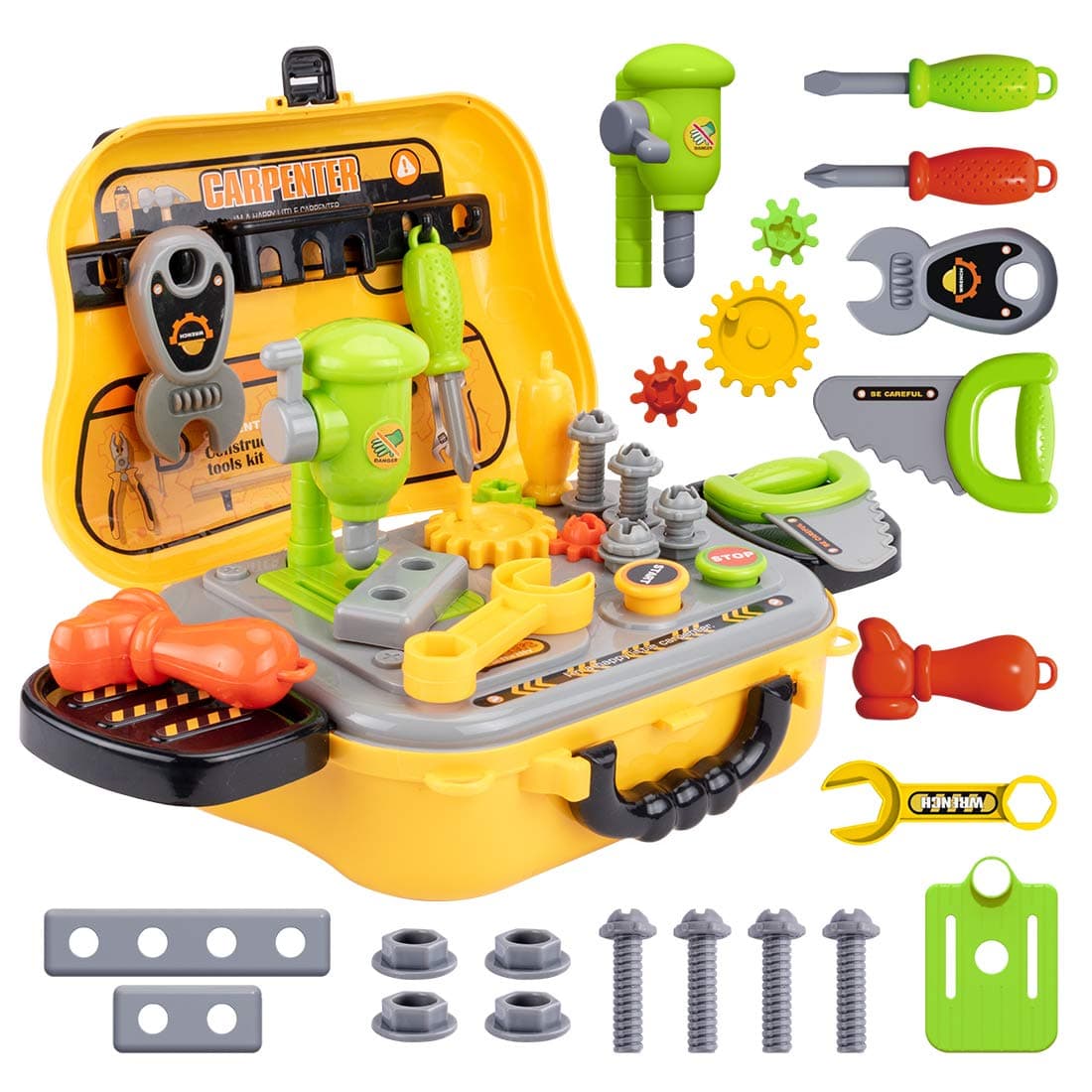 Pablonchakon Kids Tool Sets for Boys Age 2-4 Childs Carpenter Preschool Fixing Tool Kit with Yellow Box, Xmas Birthday Prezzie Toys for 2 3 4 5 6 Year Old