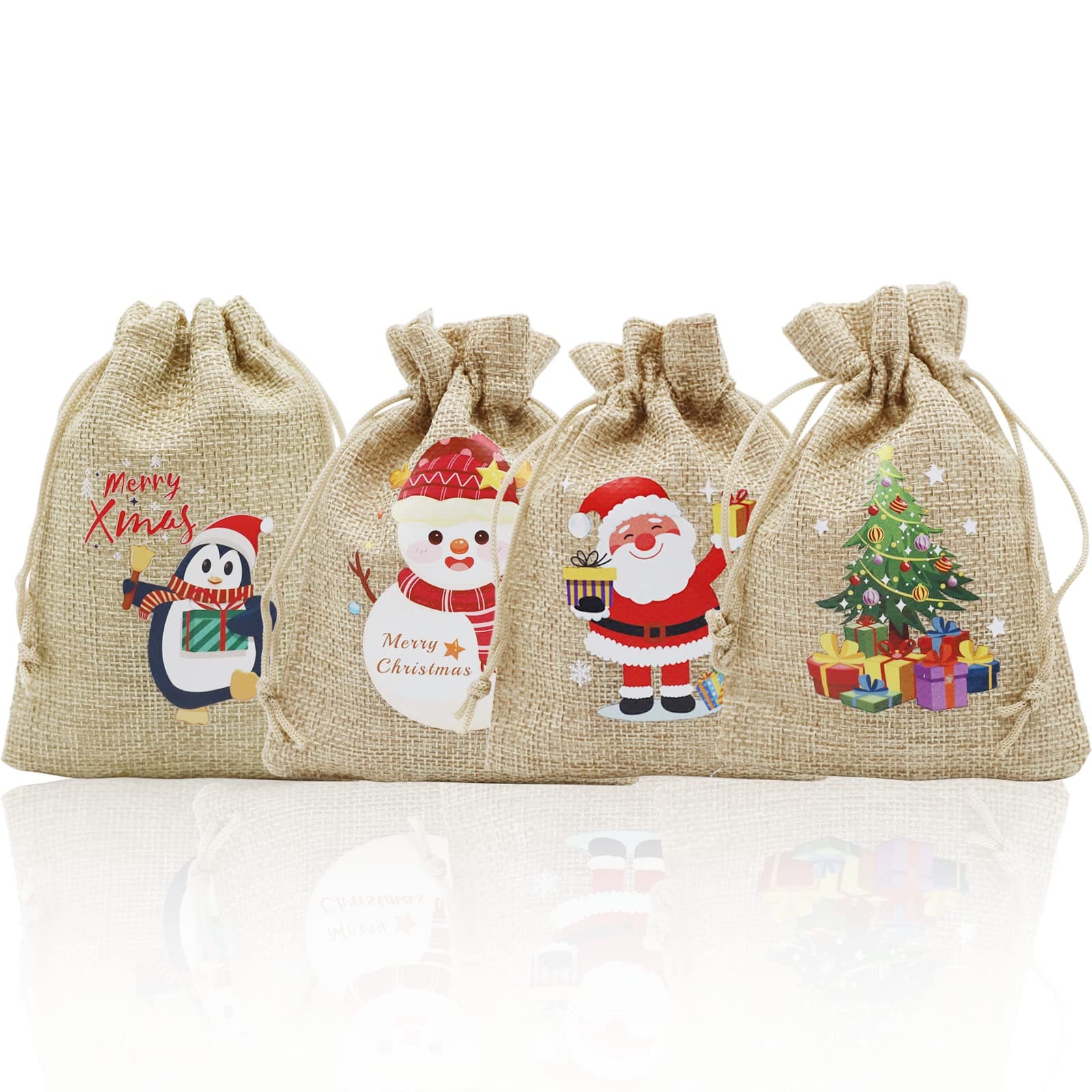4PCS Christmas Burlap Gift Bags Hessian Bags, Xmas Burlap Jute Gift Bag with Drawstring Christmas Party Bags Christmas Pick for Holiday Christmas Party Decoration