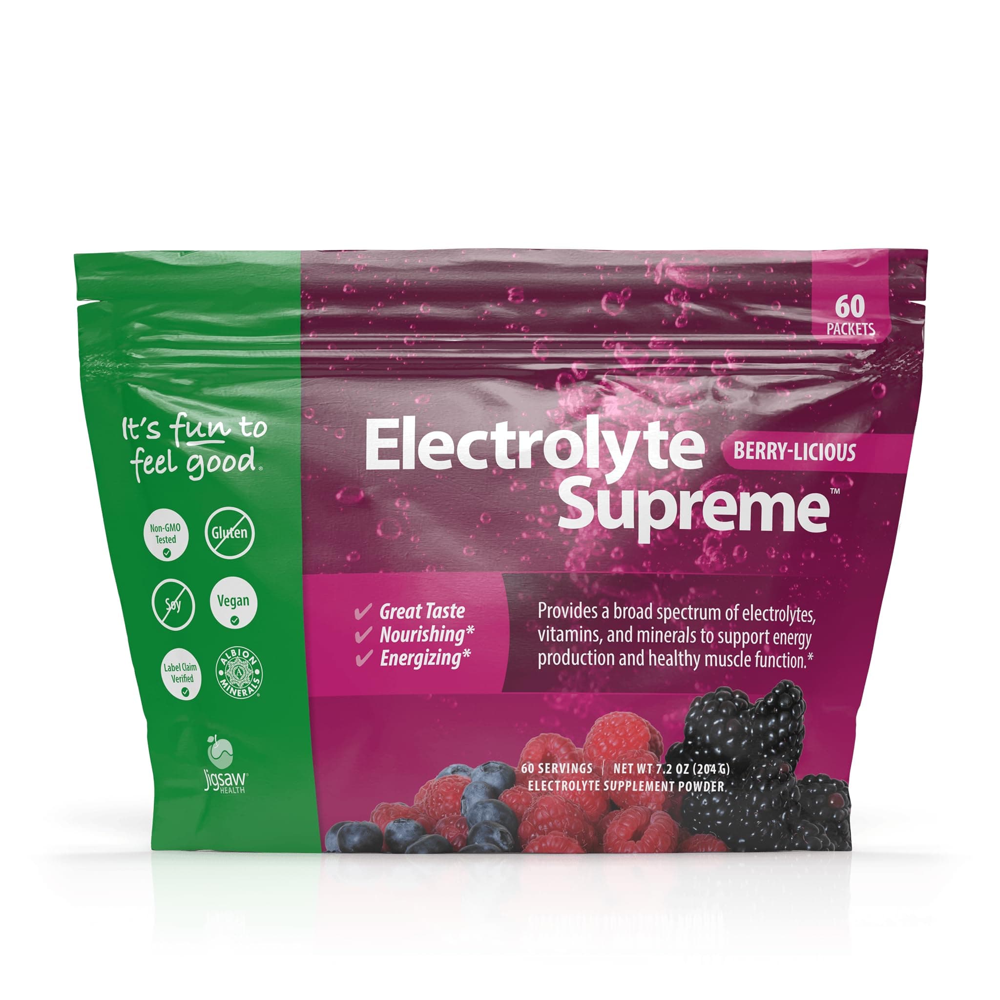 Jigsaw Health Electrolyte Supreme | Broad Spectrum of Electrolytes + Trace Minerals | Berry-Licious Flavor | 60 Servings (Packets)