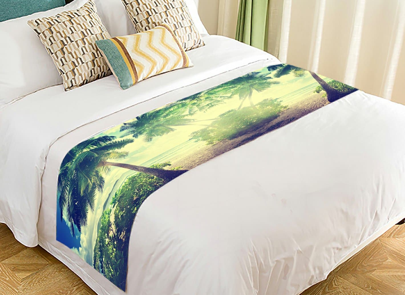 PicaqiuXzzz Custom Ocean Bed Runner, Sunset with Palms View on Takamaka, Mahe Island, Seychel Beach Bed Runners and Scarves Bed Decoration 20x95 inch