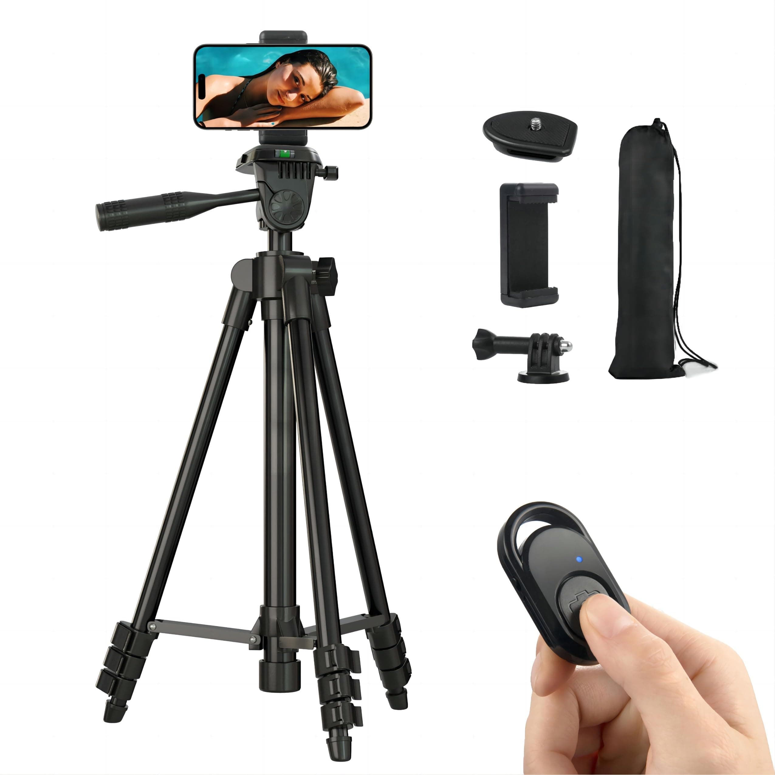Polarduck Tripod for iPhone: 42-Inch 106cm Lightweight Phone Tripod Stand with Remote & Phone Holder & GoPro Adapter Compatible with Android Cell Phone Camera & Laser Level | Matte Black