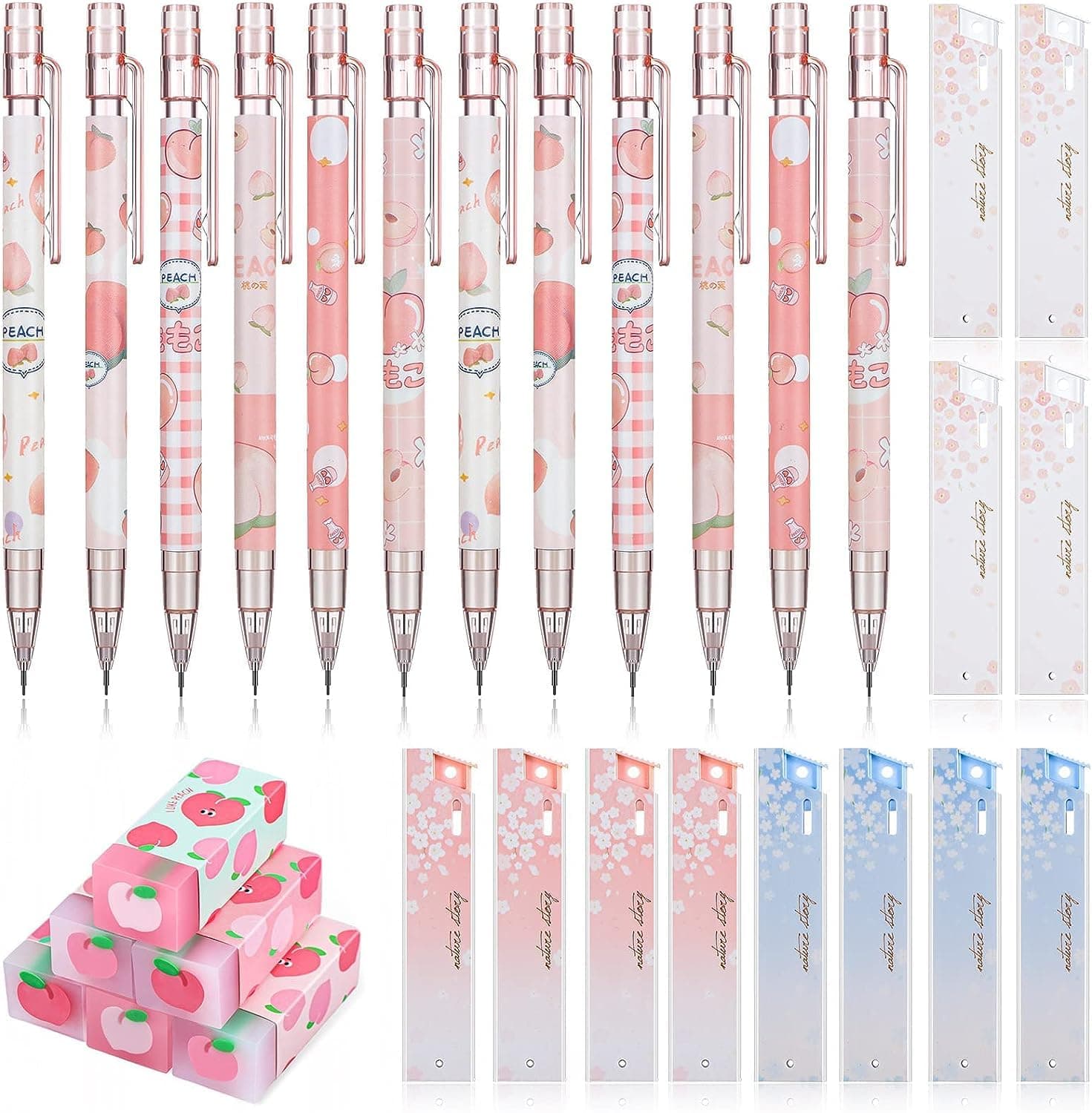 12 Pieces Kawaii Juice Peach Mechanical Pencil,with 6 Cute Peach Erasers and 12 Tube HB Pencil,Refills Fruit Mechanical Pencil Set for Student Writing, Drawing, Sketching, Architecture (0.5mm)
