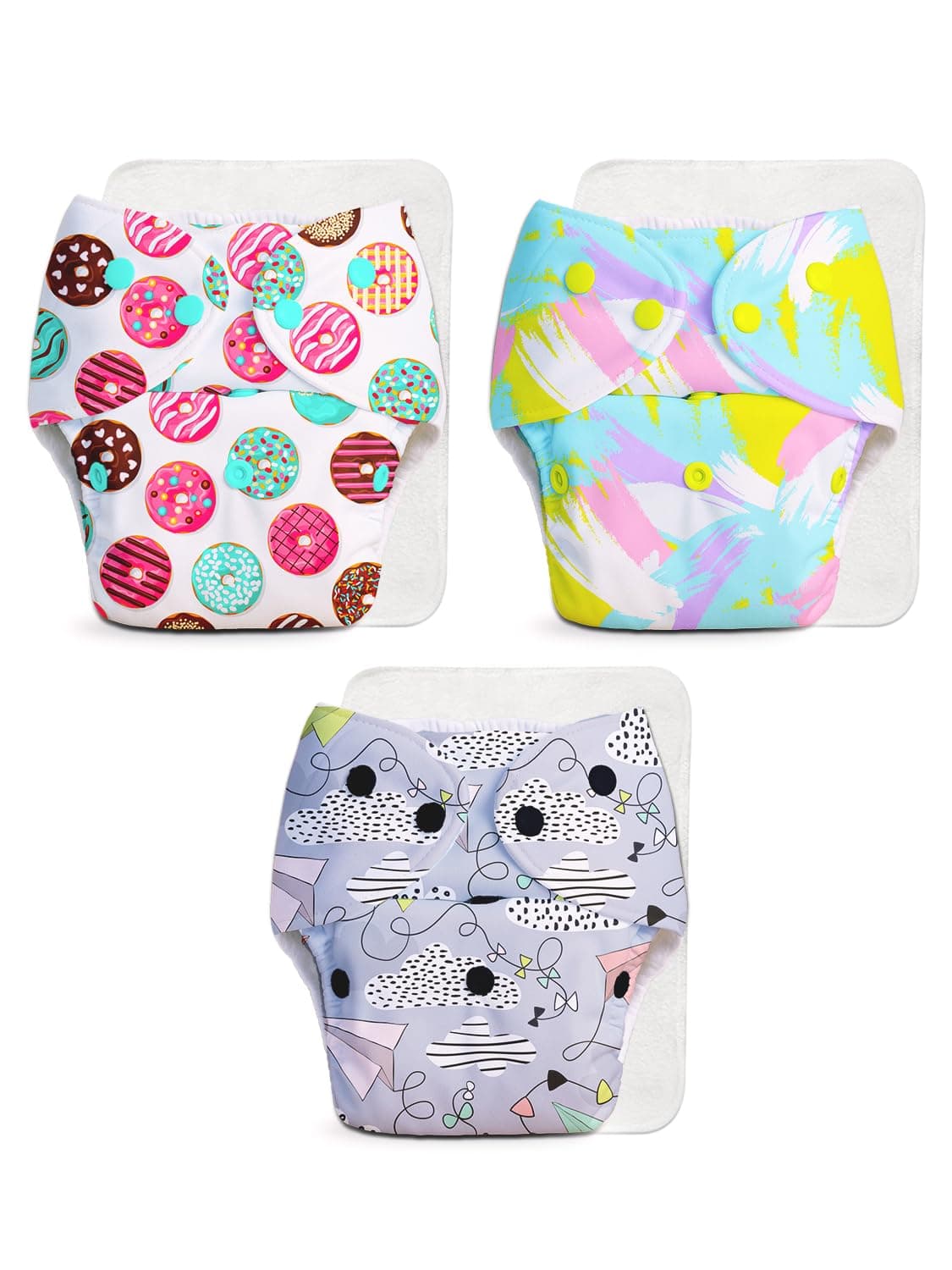 BASIC Pack of 6 Side Leakage Proof Reusable Cloth Diaper with Quick Dry UltraThin |Freesize, Rash Free, washable Diapers for Kids 0-3 Yrs| Lasts up to 3Hrs|3 Shell + 3 Pads - Assorted