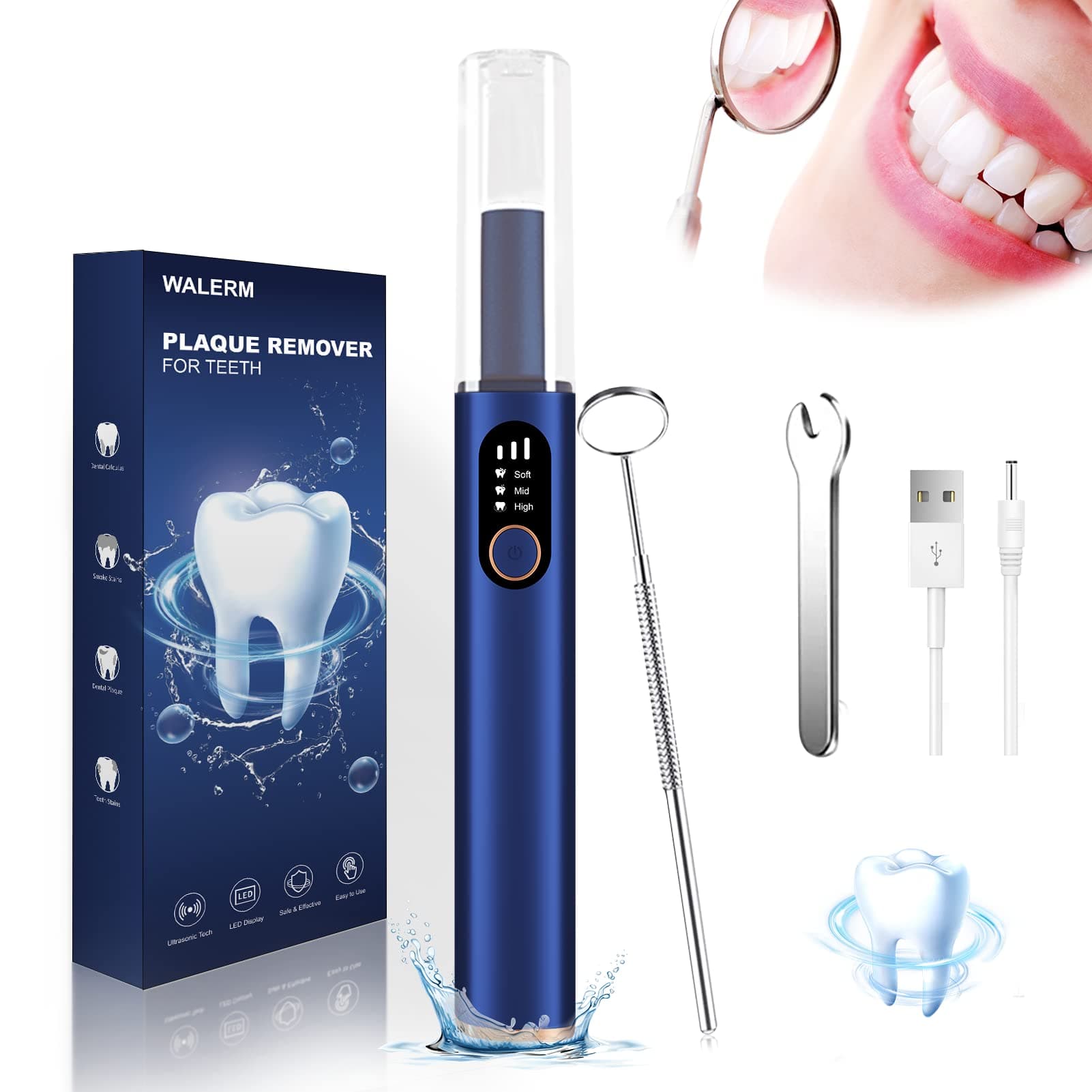 WALERM Plaque Remover With Light & Mirror, 3 Modes Rechargeable Teeth Cleaning Kit, IPX7 Waterproof/4 Heads for Home Use