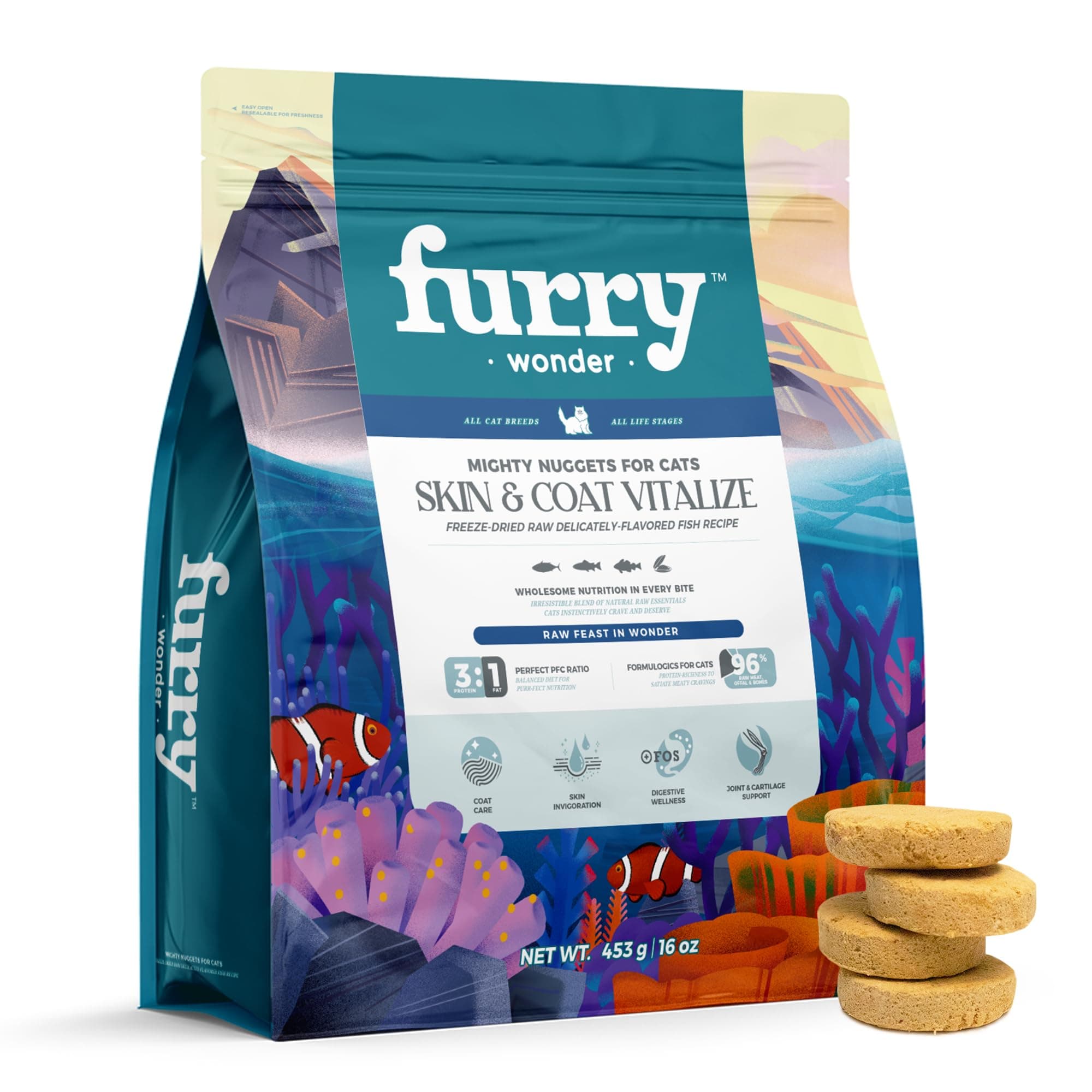 FURRY WONDER Freeze Dried Raw Cat Food Grain Free Mighty Nuggets for Cats 16 Ounce, Fish Recipe High Protein Dinner Patties for All Breeds and Life Stages