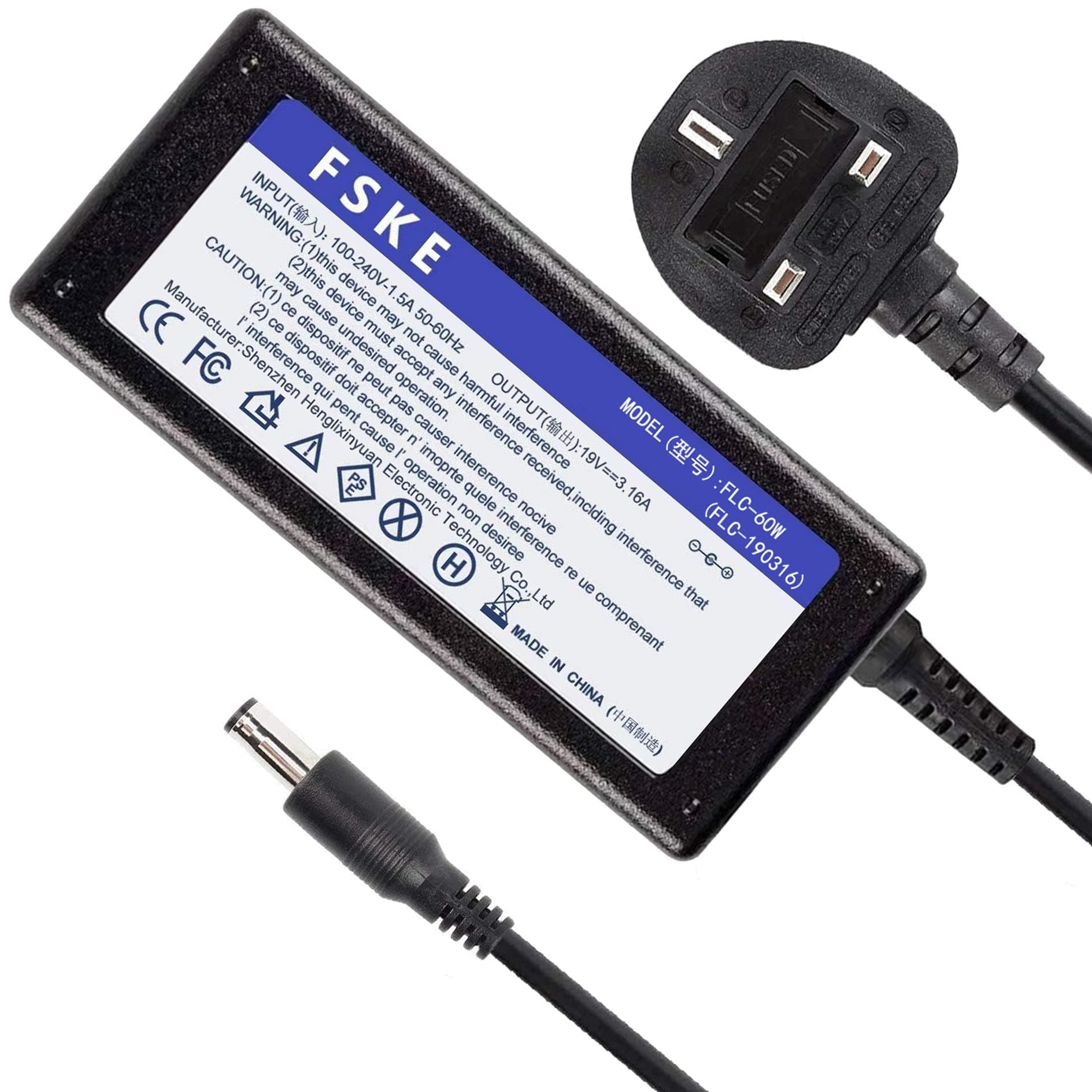 FSKE 60W 19V 3.16A Laptop Charger for Samsung R720 R710 R610 R428 NP350V5C R580 NP300E5A RV510 RV720 R510 R410 R520 Notebook AC Adapter UK power supply Connector: 5.5 *3.0mm(not fit for 4.0*1.35mm)