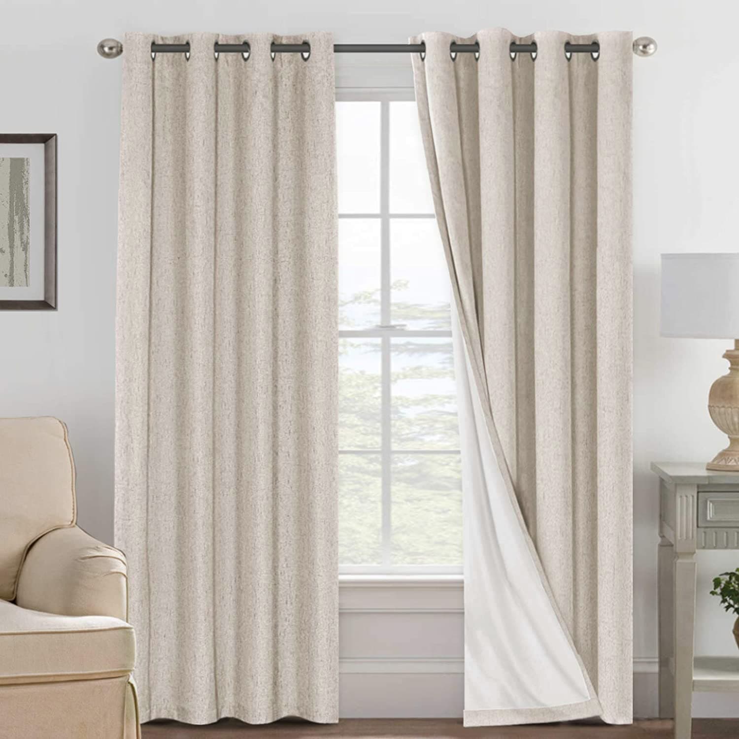 Polyester Blackout Curtains 96 Inches Long, 100% Absolutely Blackout Elegant Curtains for Bedroom, Thermal Insulated Linen Drapes Grommet Curtains with White Liner, 2 Panels, Natural