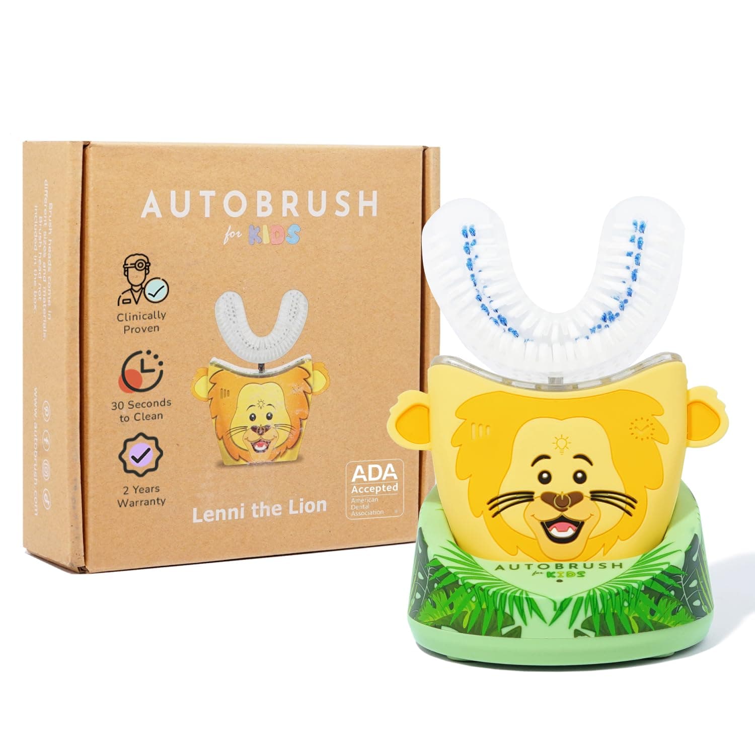 AutoBrush Sonic Pro U Shaped Kids Electric Toothbrush, Unique 360° Nylon Bristles with 3 Cleaning Modes, Teeth Whitening LED-Lights, Waterproof Design, Plays Music (Double-Sided), Ages 3-5, Lion