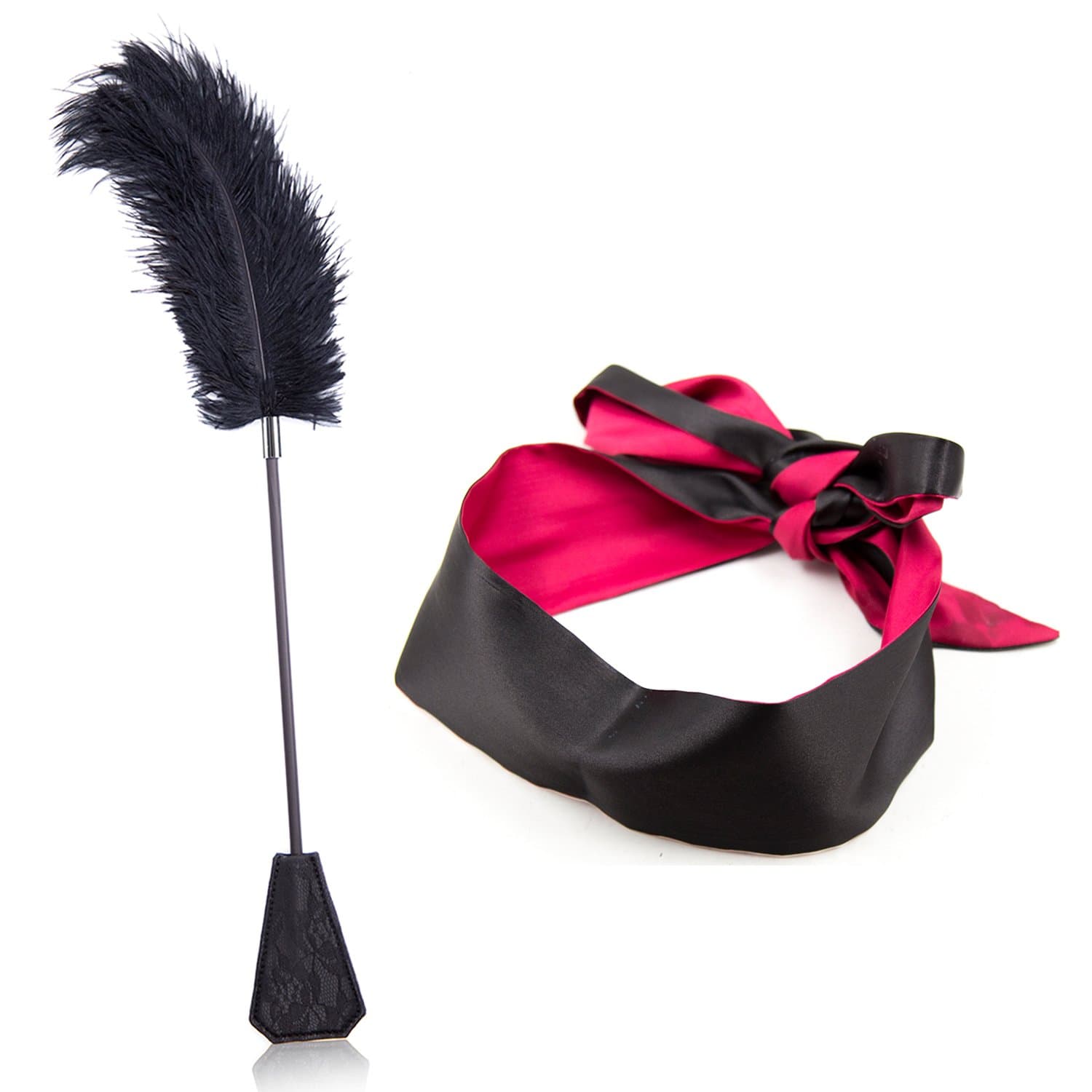 2 in 1 Exquisite Ostrich Feather Tickler and Leather with Whip, Satin Blindfold Eye Mask(2 Pack)