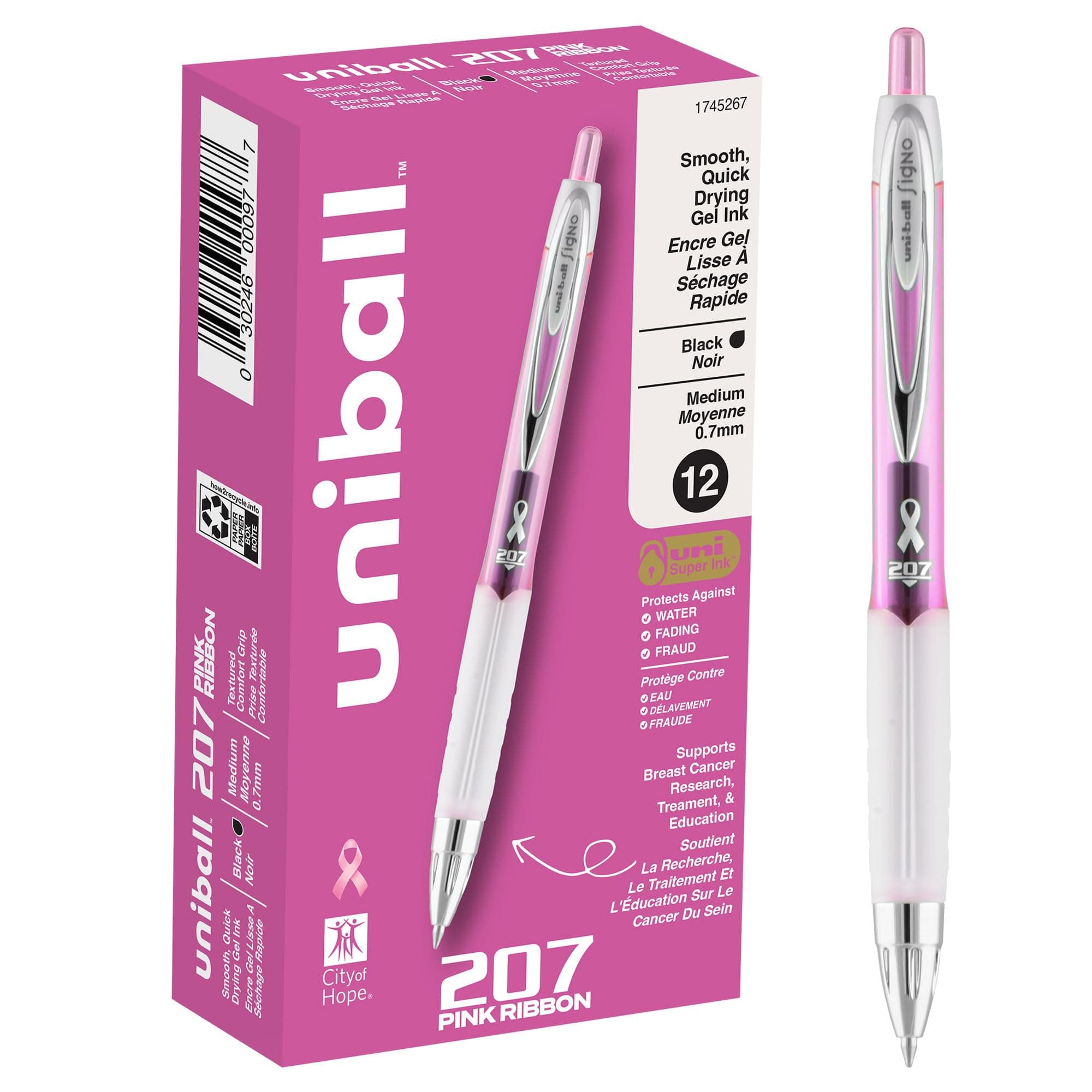 uni-ball 207 Pink Ribbon Retractable Gel Pens, Medium Point (0.7mm), Black, 12 Count